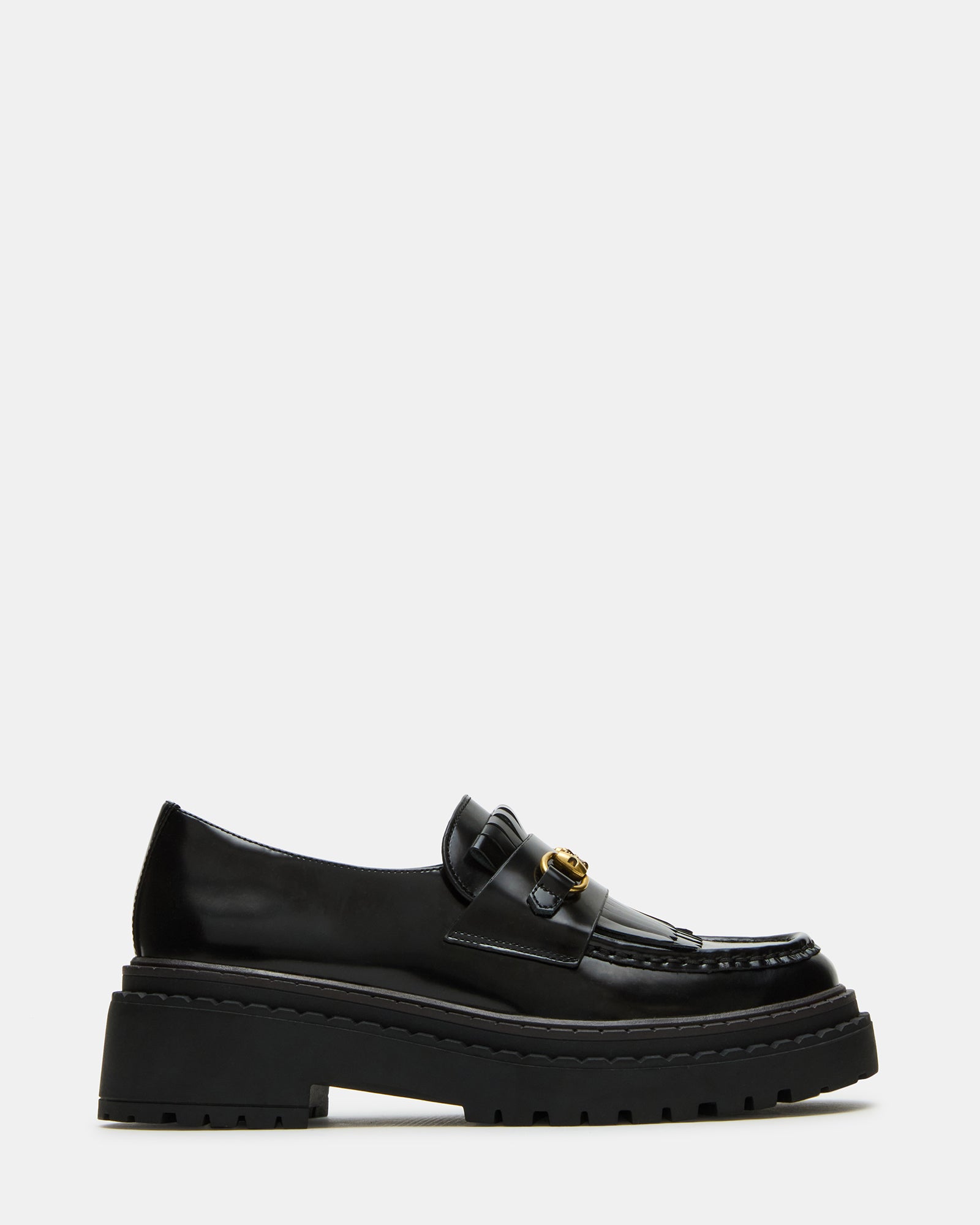 Side view of black leather platform loafers with lug sole for women