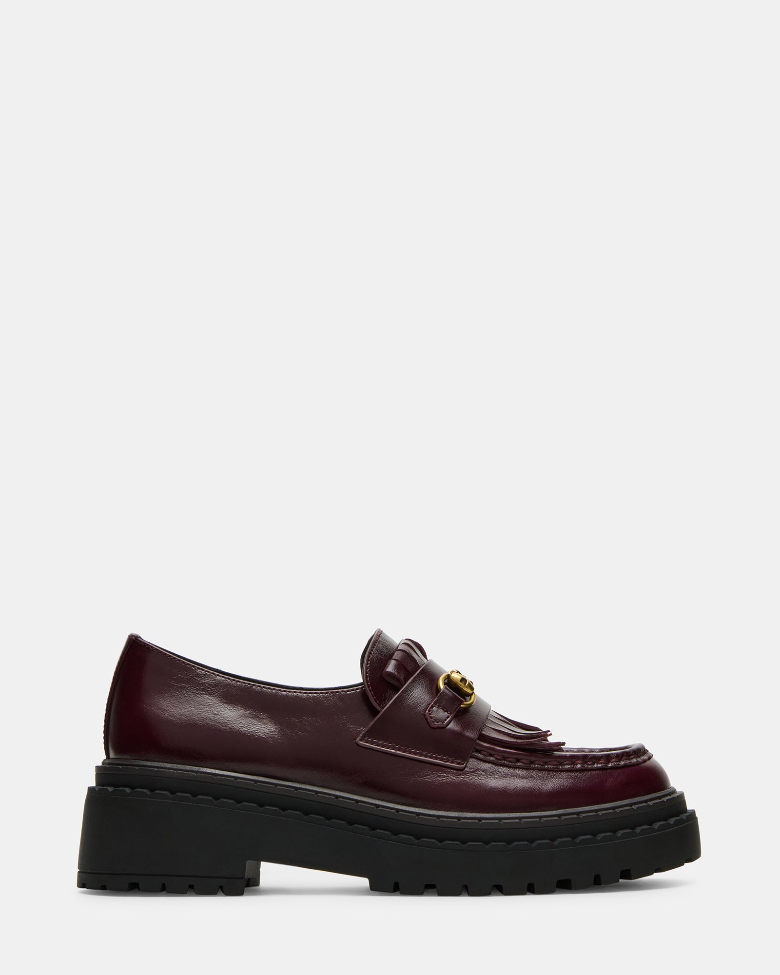 Side view of the ANABETH burgundy platform loafer with horsebit hardware