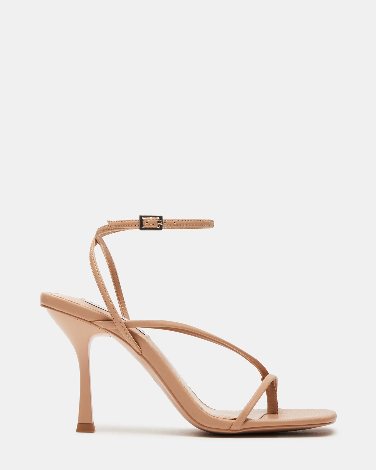 Side view of women's pink high heels showcasing strappy design.