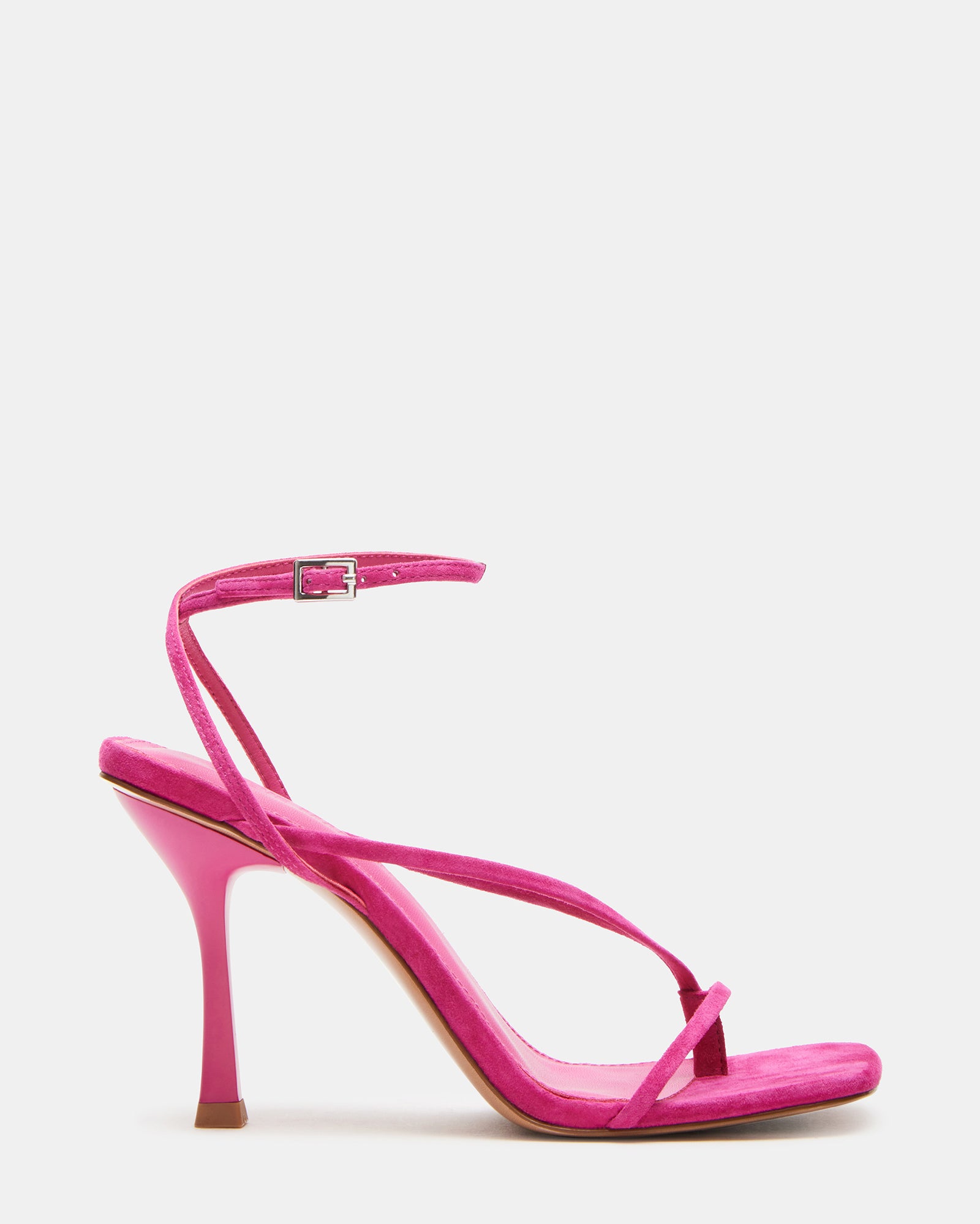 Elegant pink suede heels showcasing a stylish strappy design.