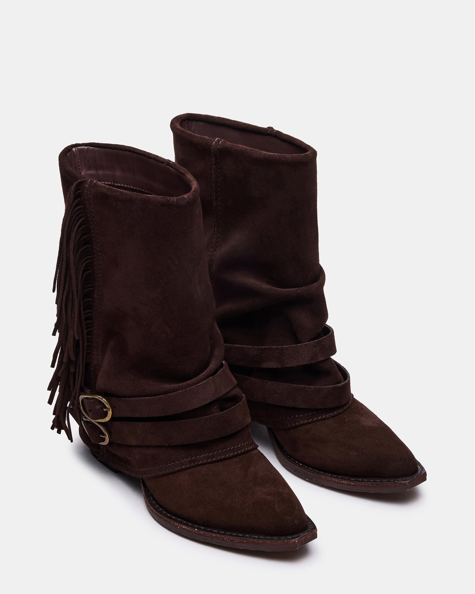 Close-up of the cuffed fold-over detail on the ankle of the suede booties