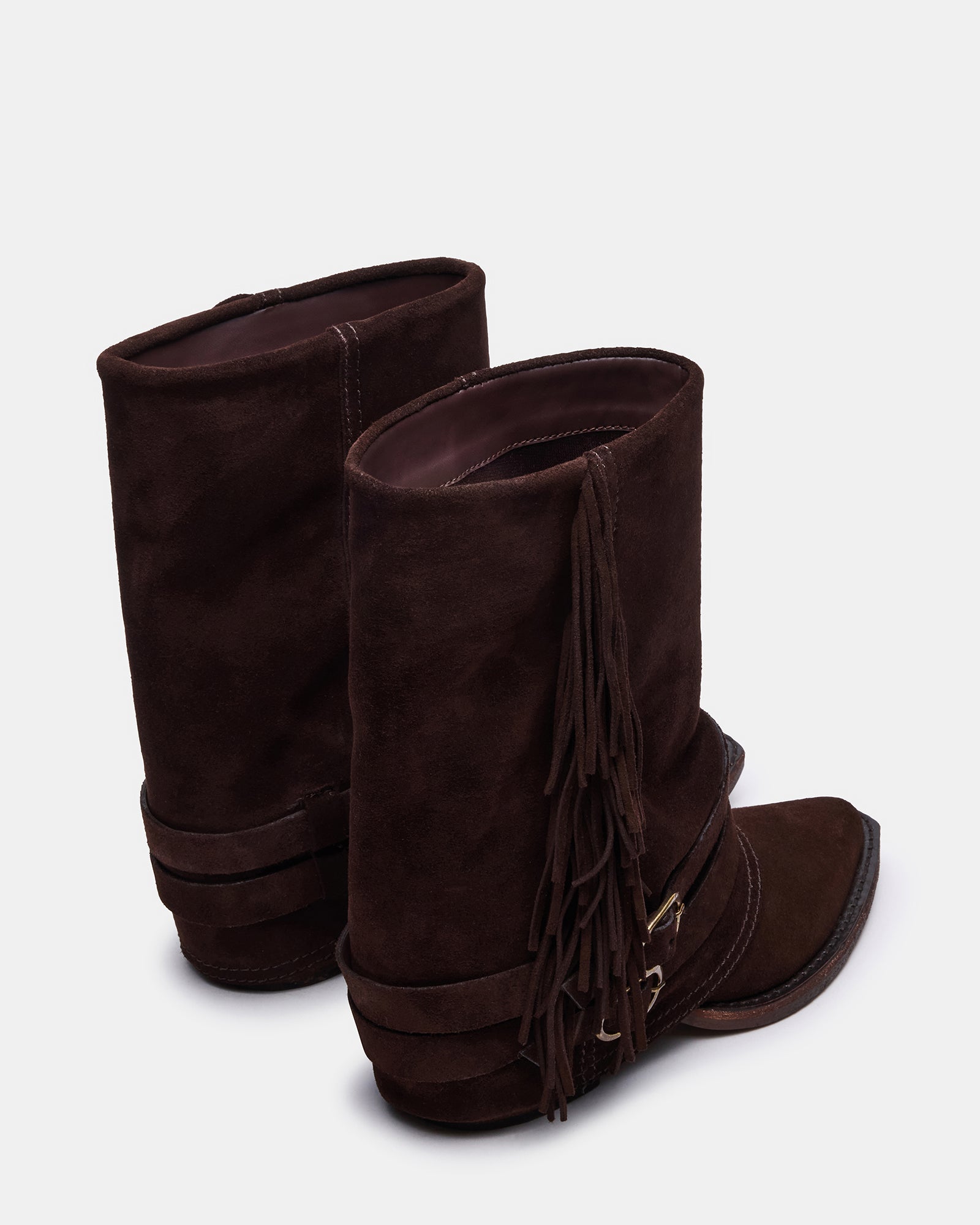 Close-up of the cuffed fold-over detail on the ankle of the suede booties