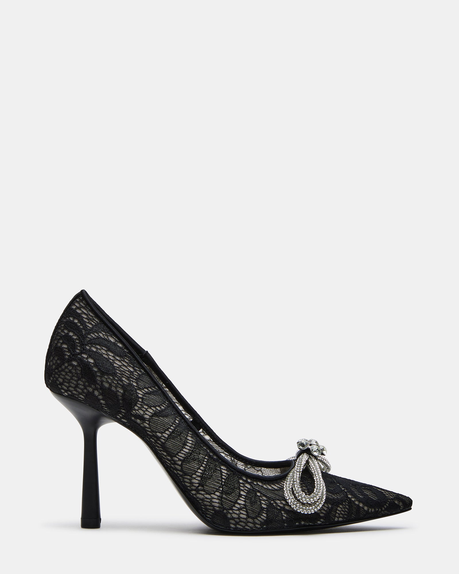 Side view of the black lace heels with rhinestone bow for evening wear