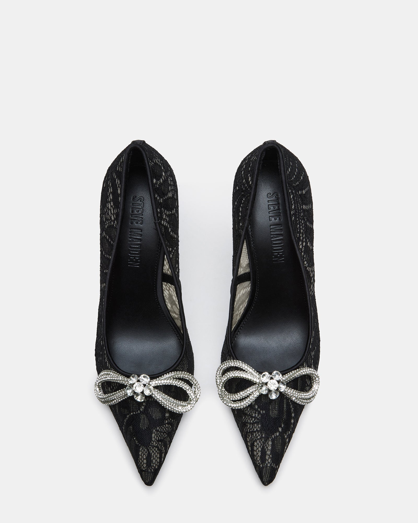 Side view of the black lace heels with rhinestone bow for evening wear
