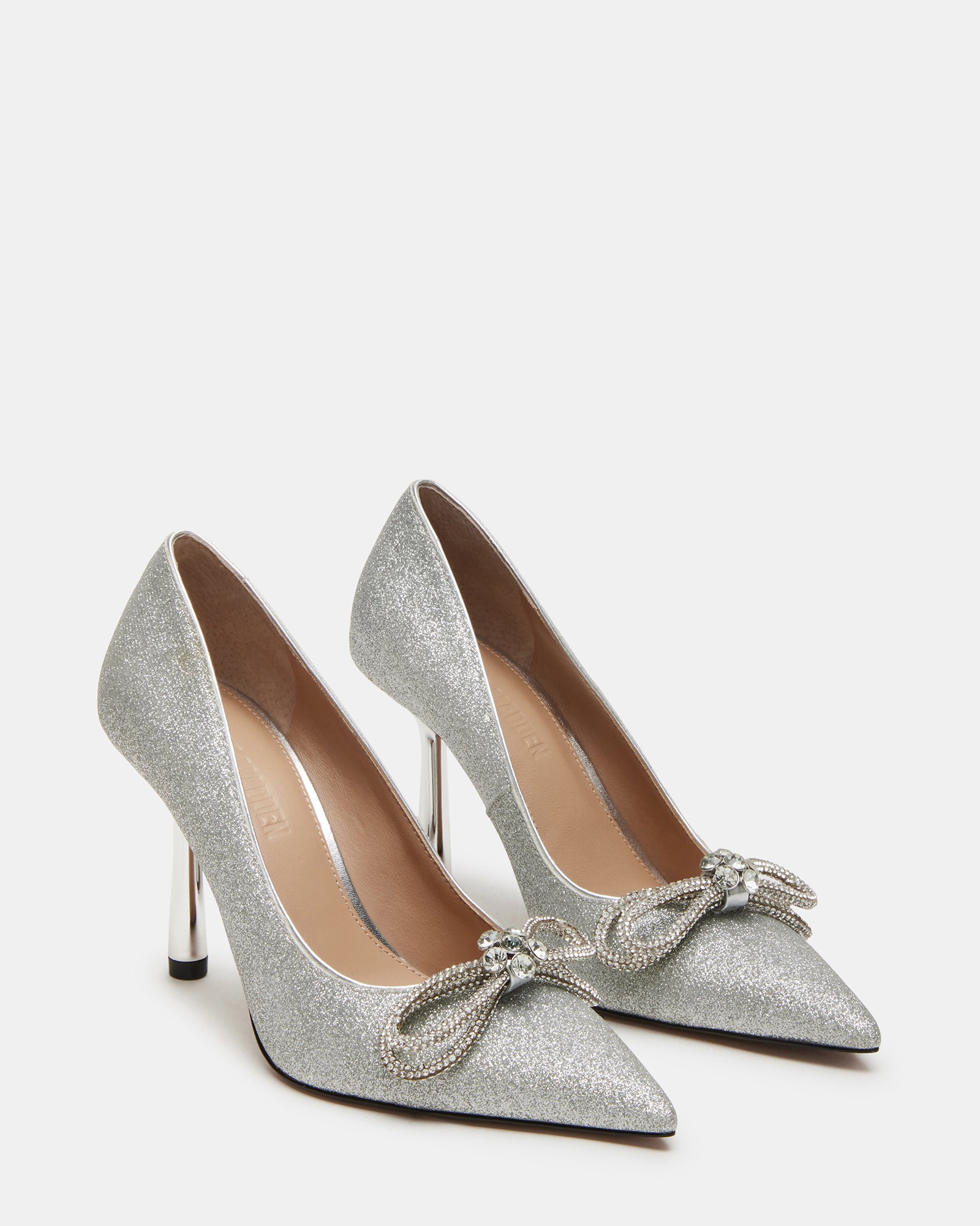 Close-up of glitter pumps showing rhinestone embellishment