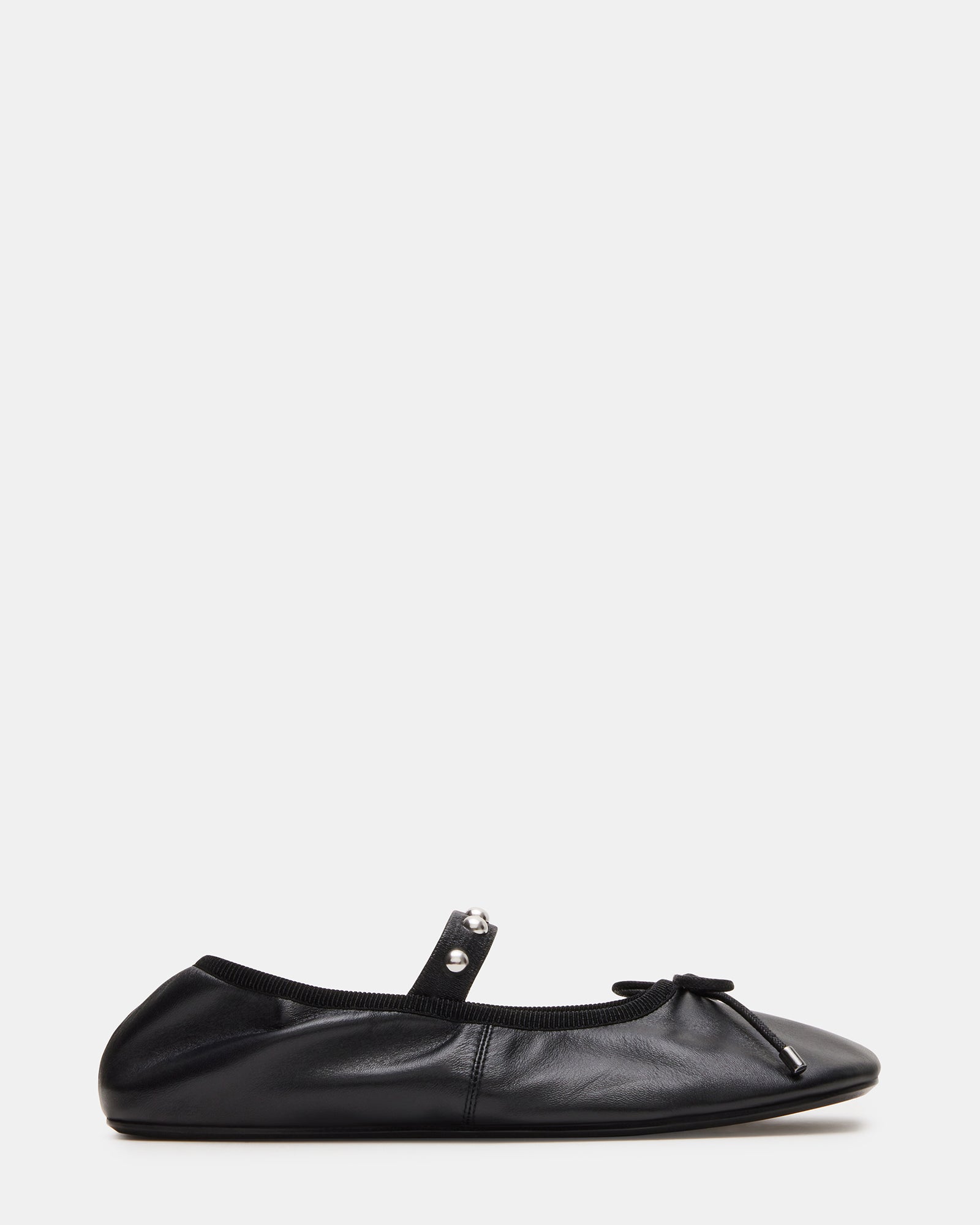 Arabella black ballet flats angled to show bow and stud details