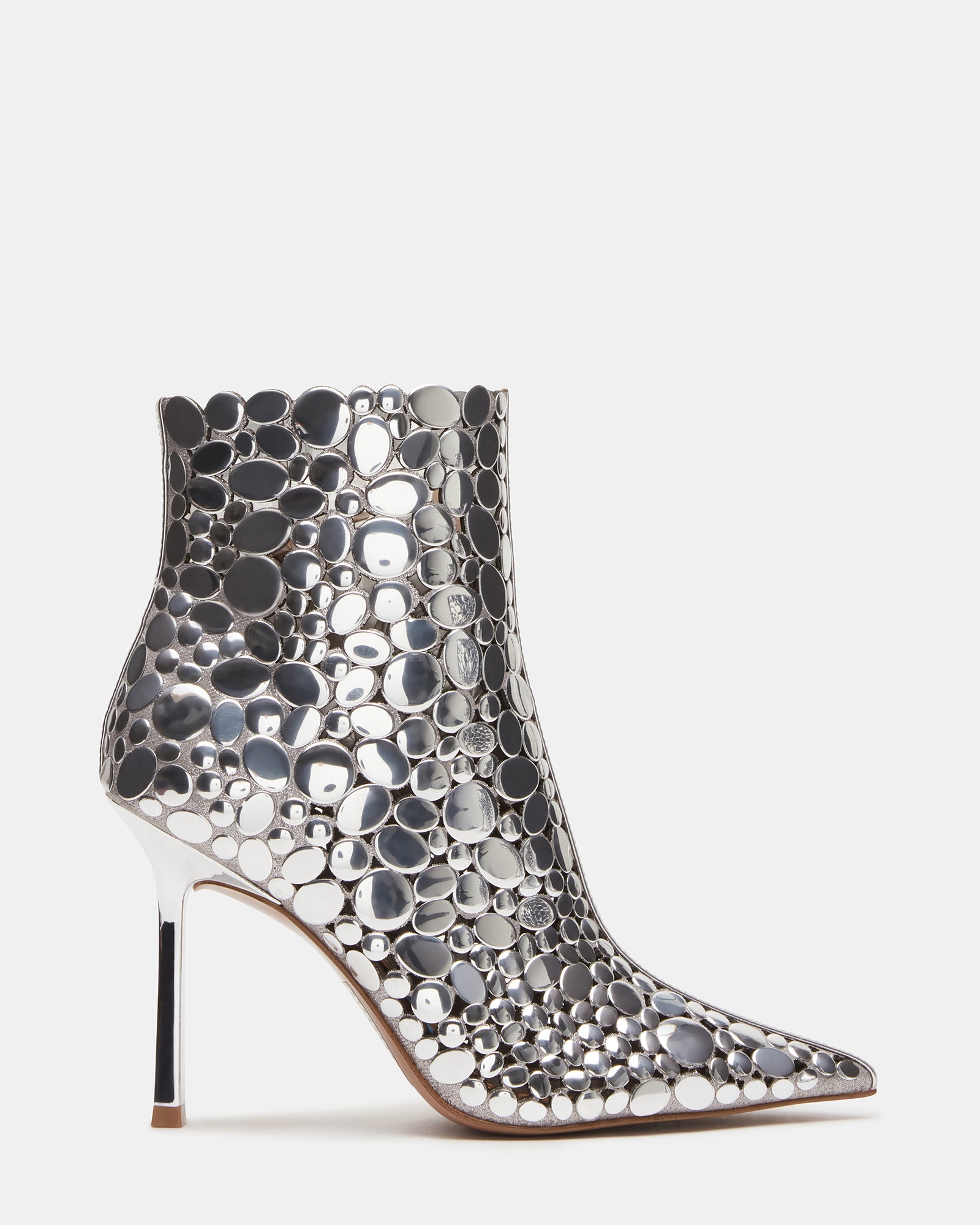 Side view of ARMOR silver high heel boots with pointed toe and stiletto heel