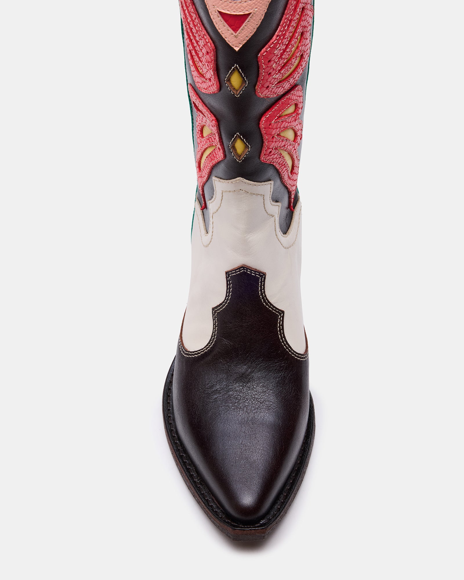 Close-up of chic pointed toe Western boots showcasing elegant design.