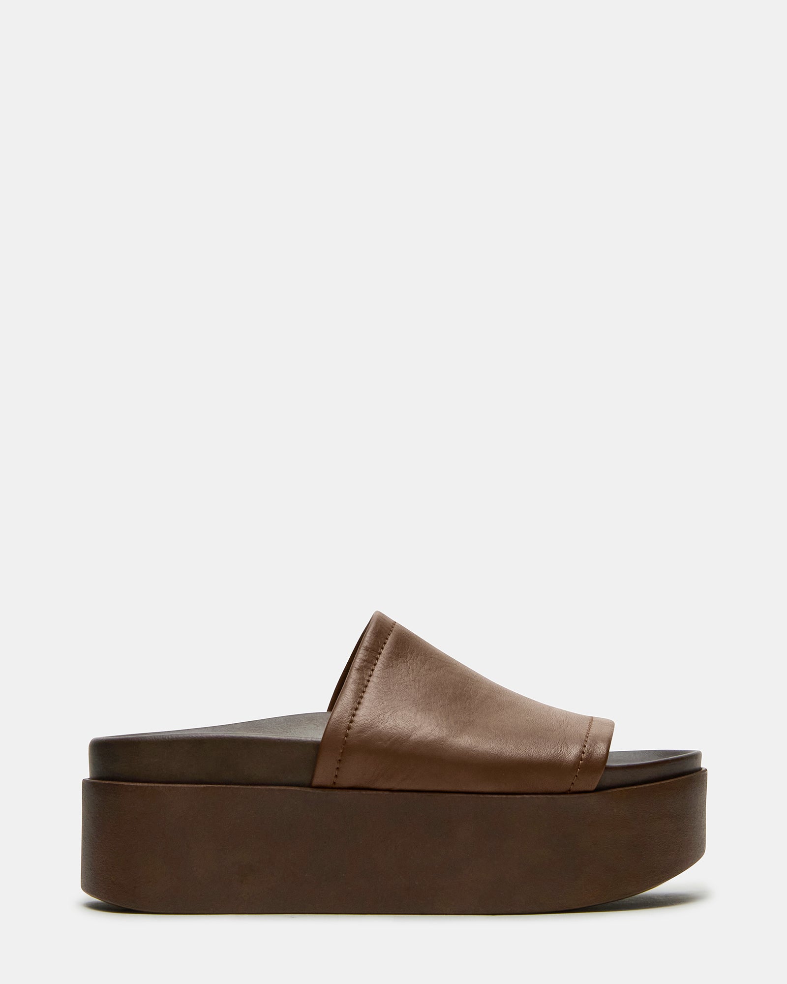Side view of Arwen brown leather platform sandals showcasing the rounded toe design.