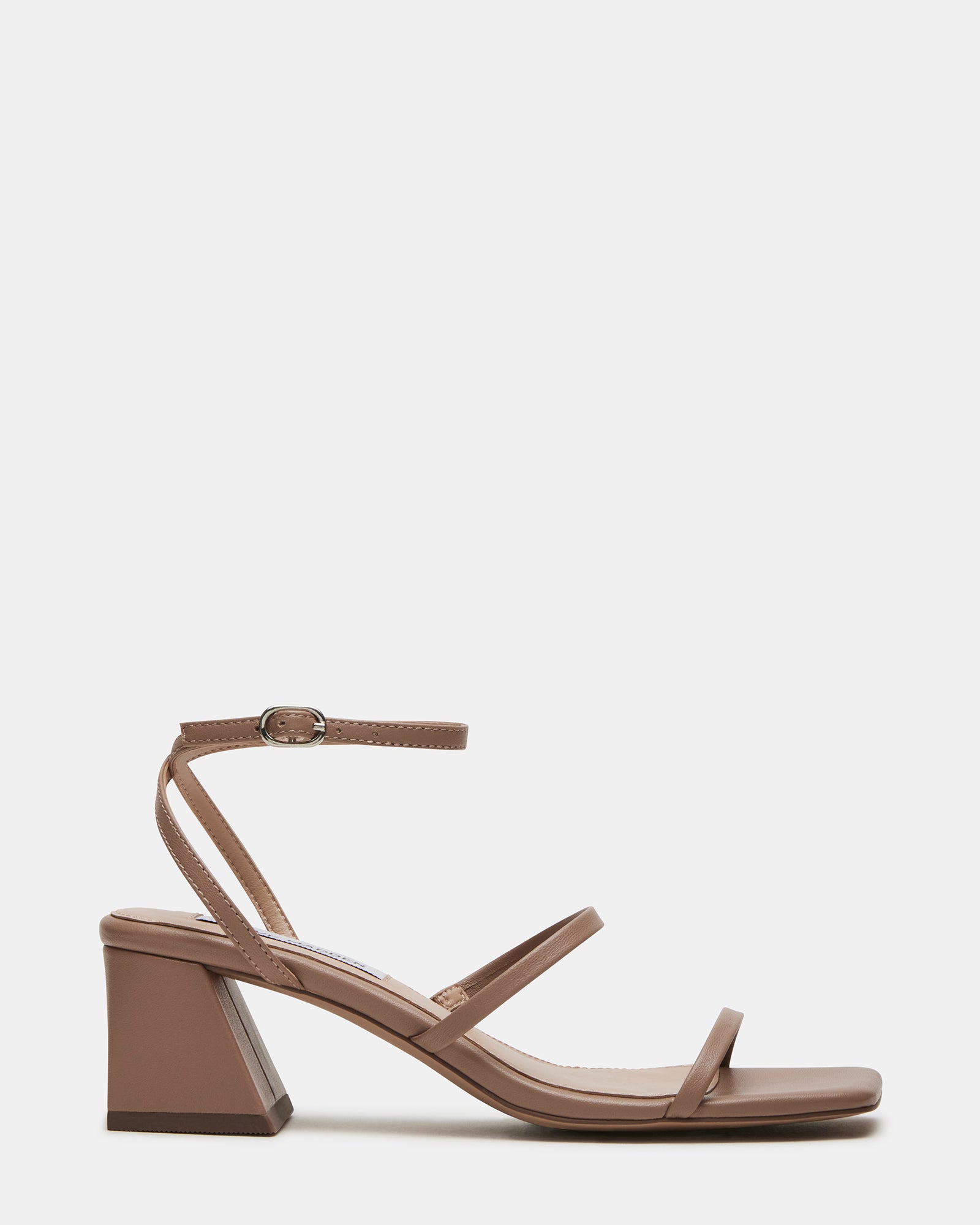 Ashlynn black ankle strap sandals with square toe, front view on a wooden floor.