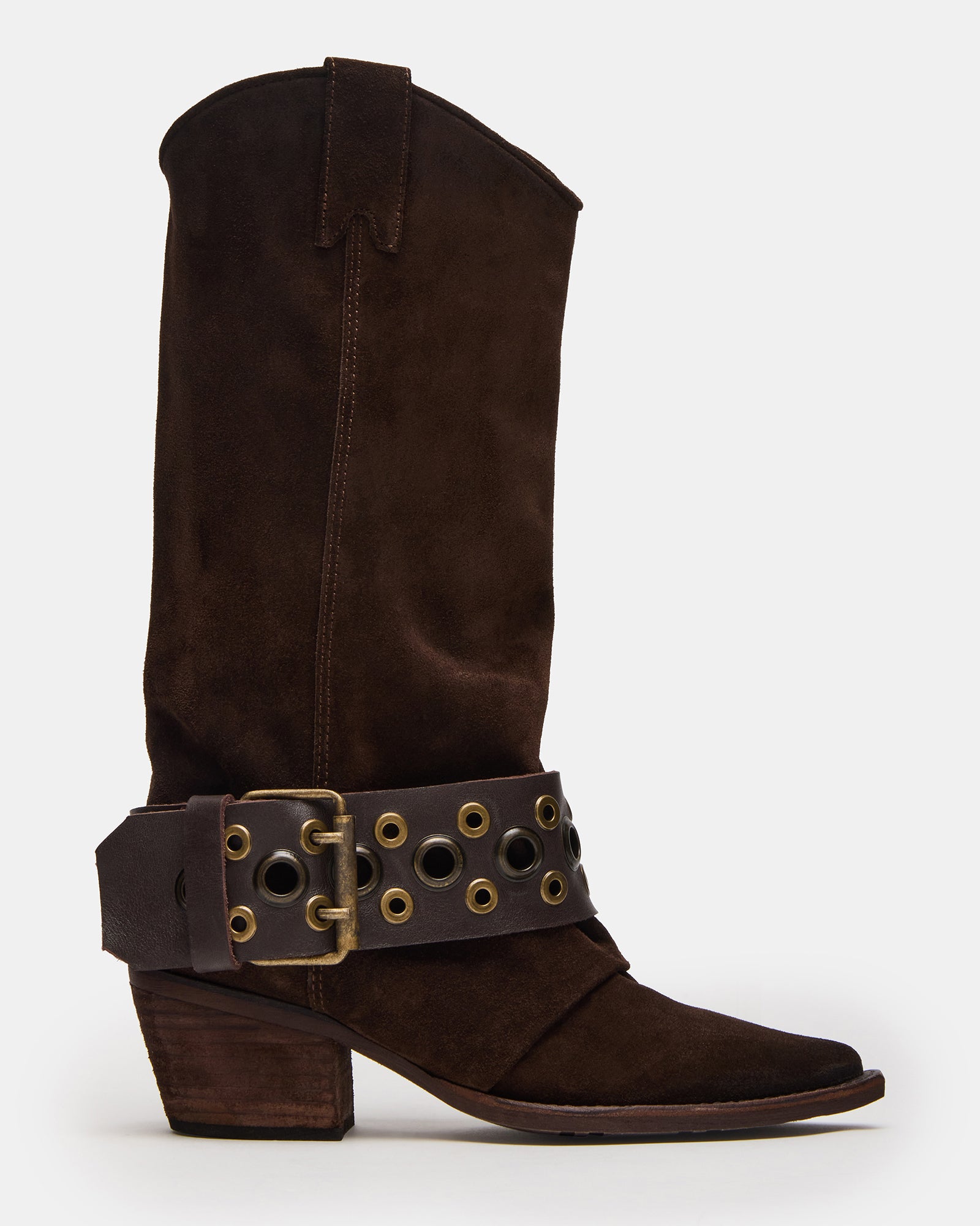 Close-up of Ashwood brown suede boots showing textured leather and stitching