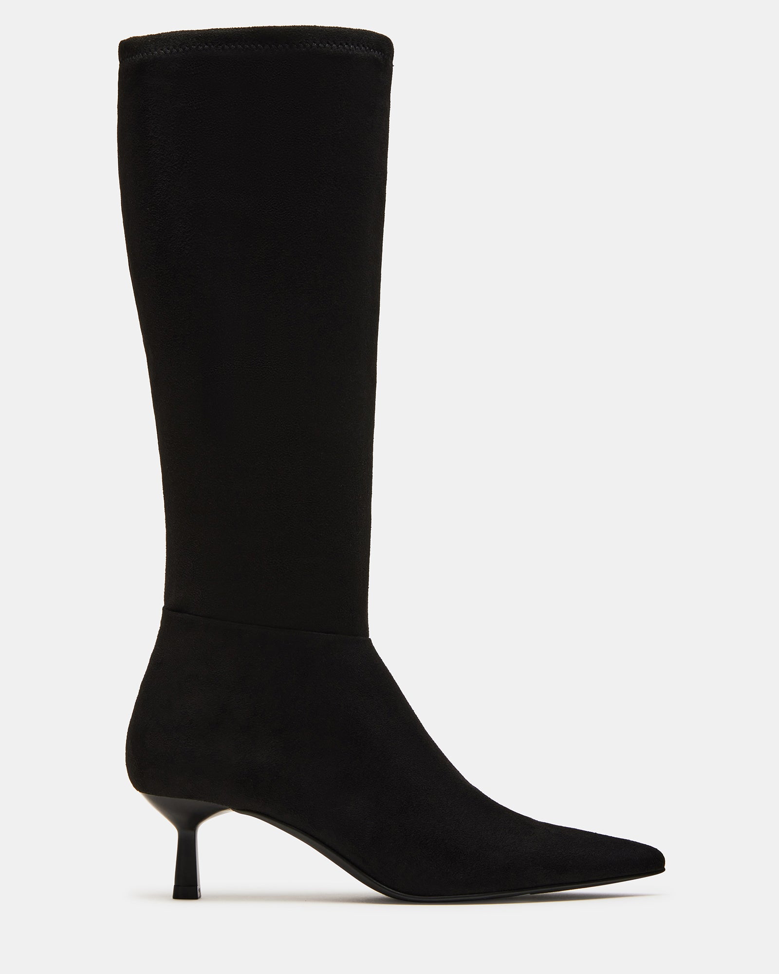 Side view of Astoria Black knee-high boots with pointed toe and kitten heel
