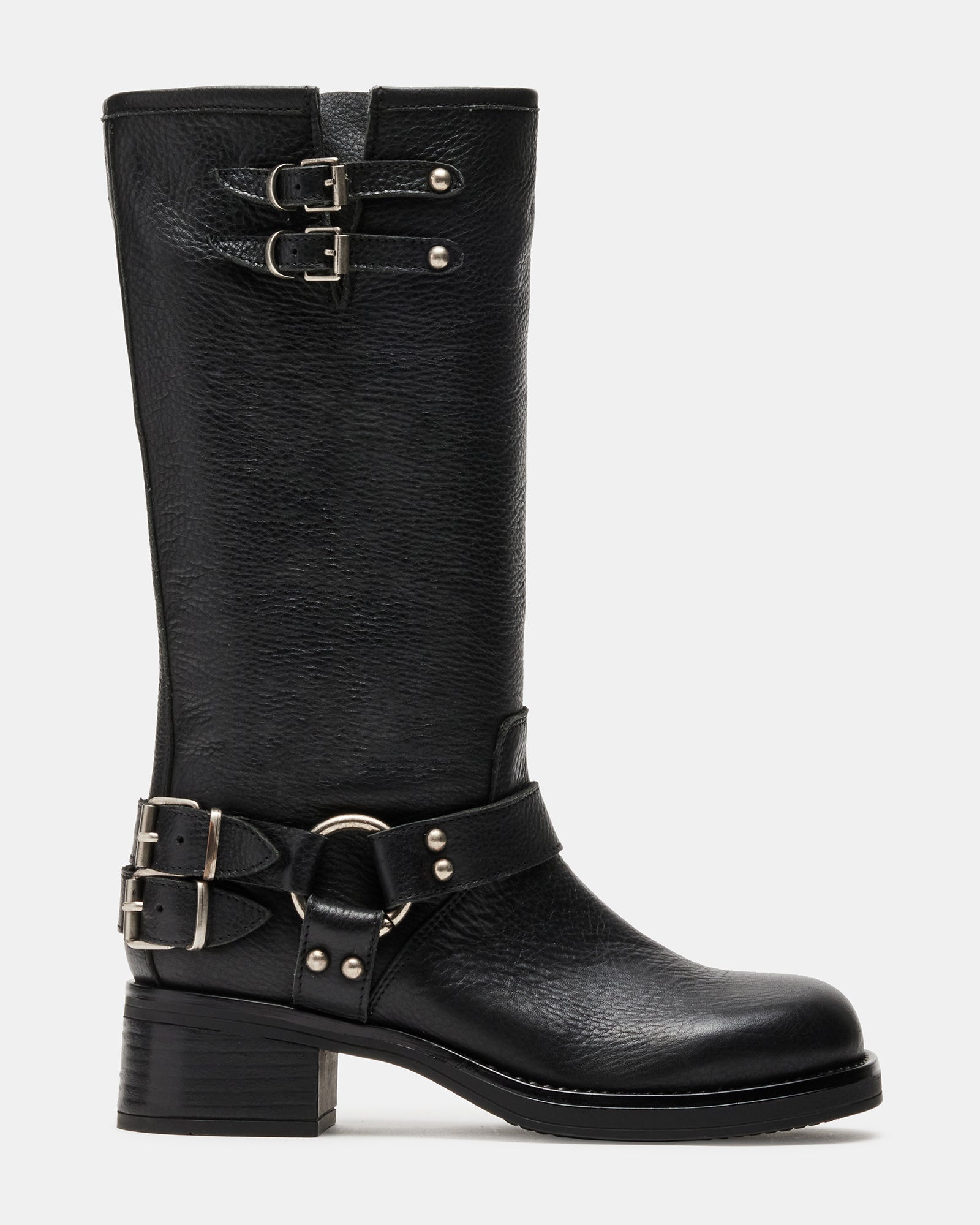 Side view of Astor black leather engineer boots with buckle straps and square toe
