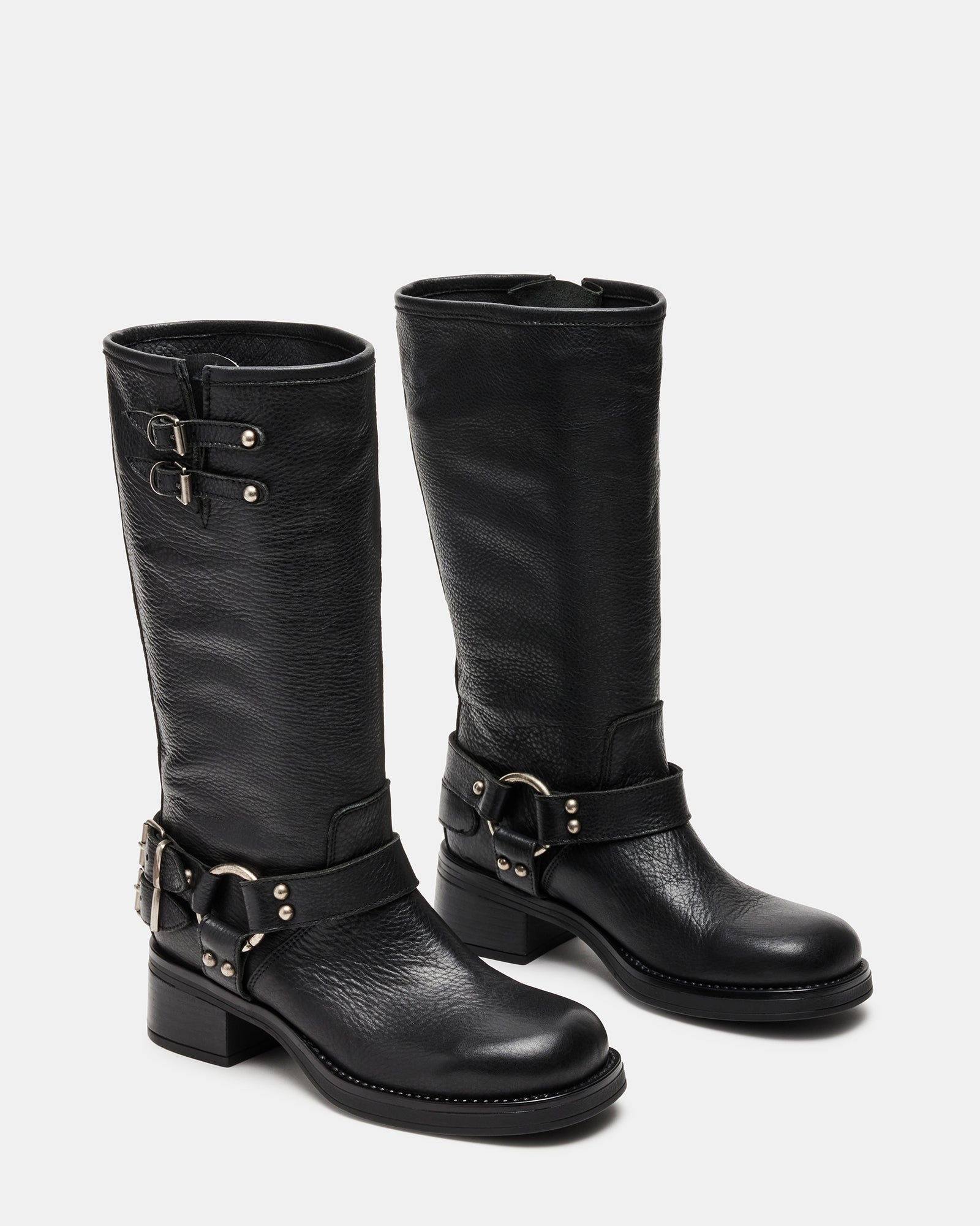 Front view of Astor black leather boots highlighting square toe and slip-on style