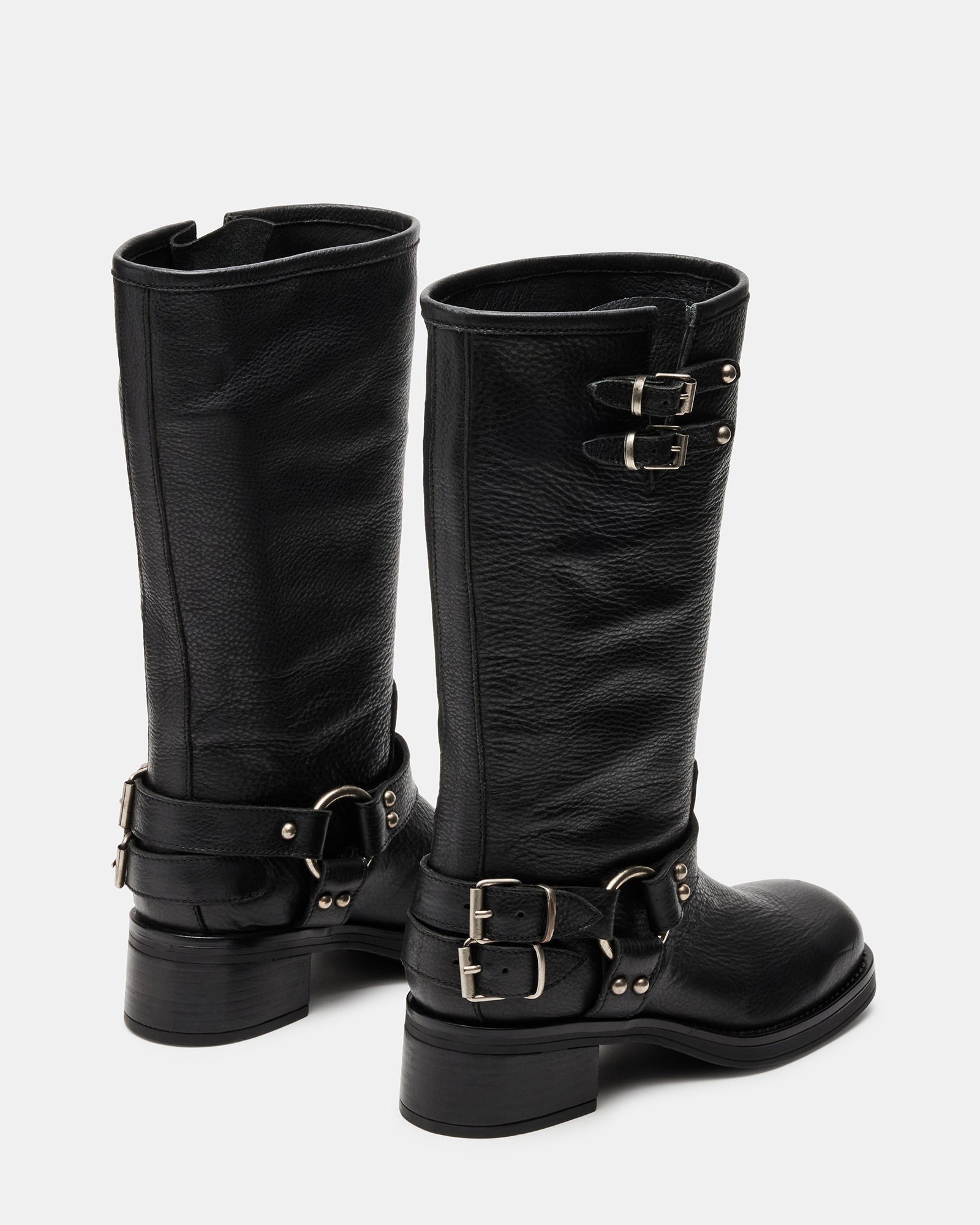 Front view of Astor black leather boots highlighting square toe and slip-on style