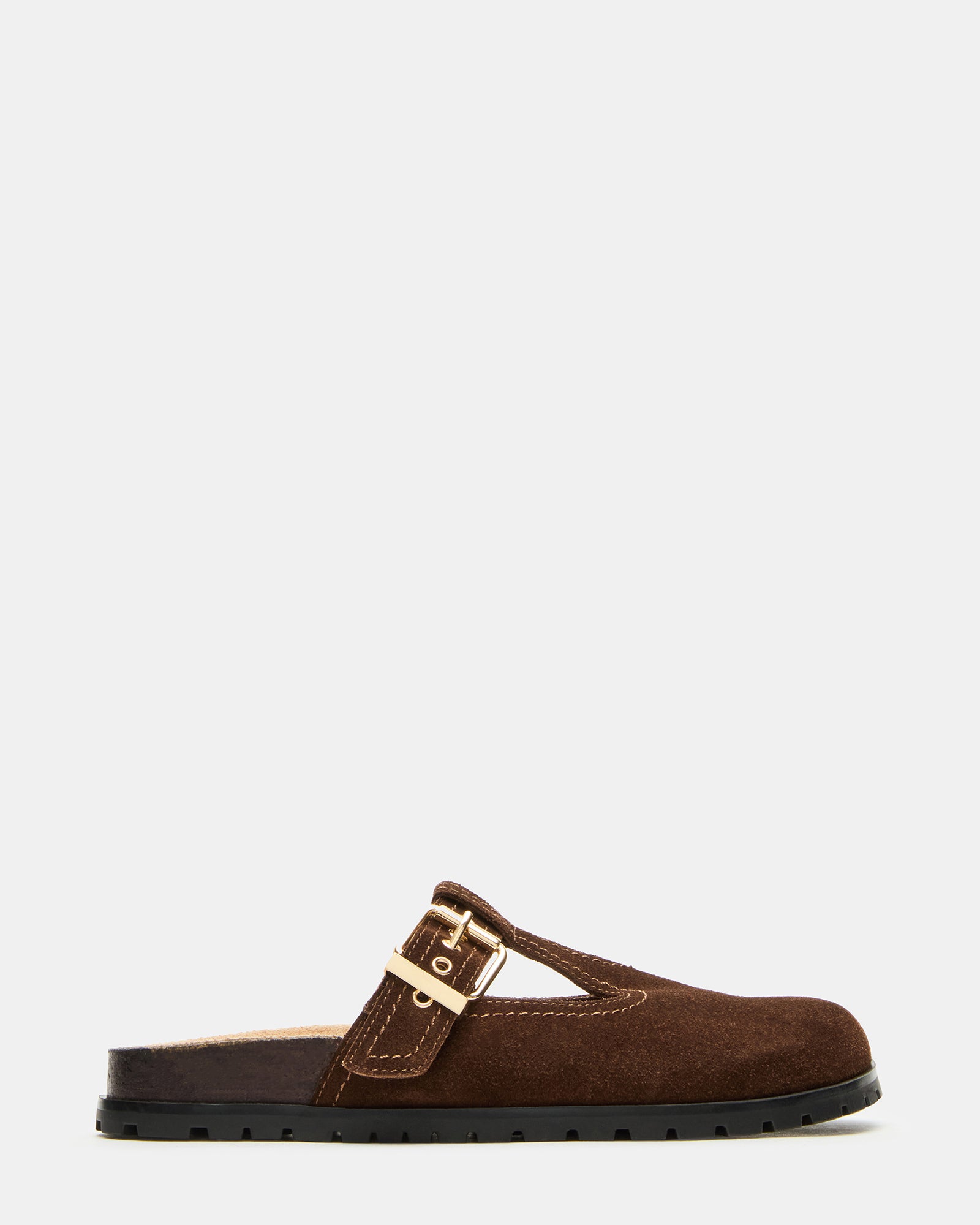 Top angle of women's mule clogs showing buckle fastening and rounded toe