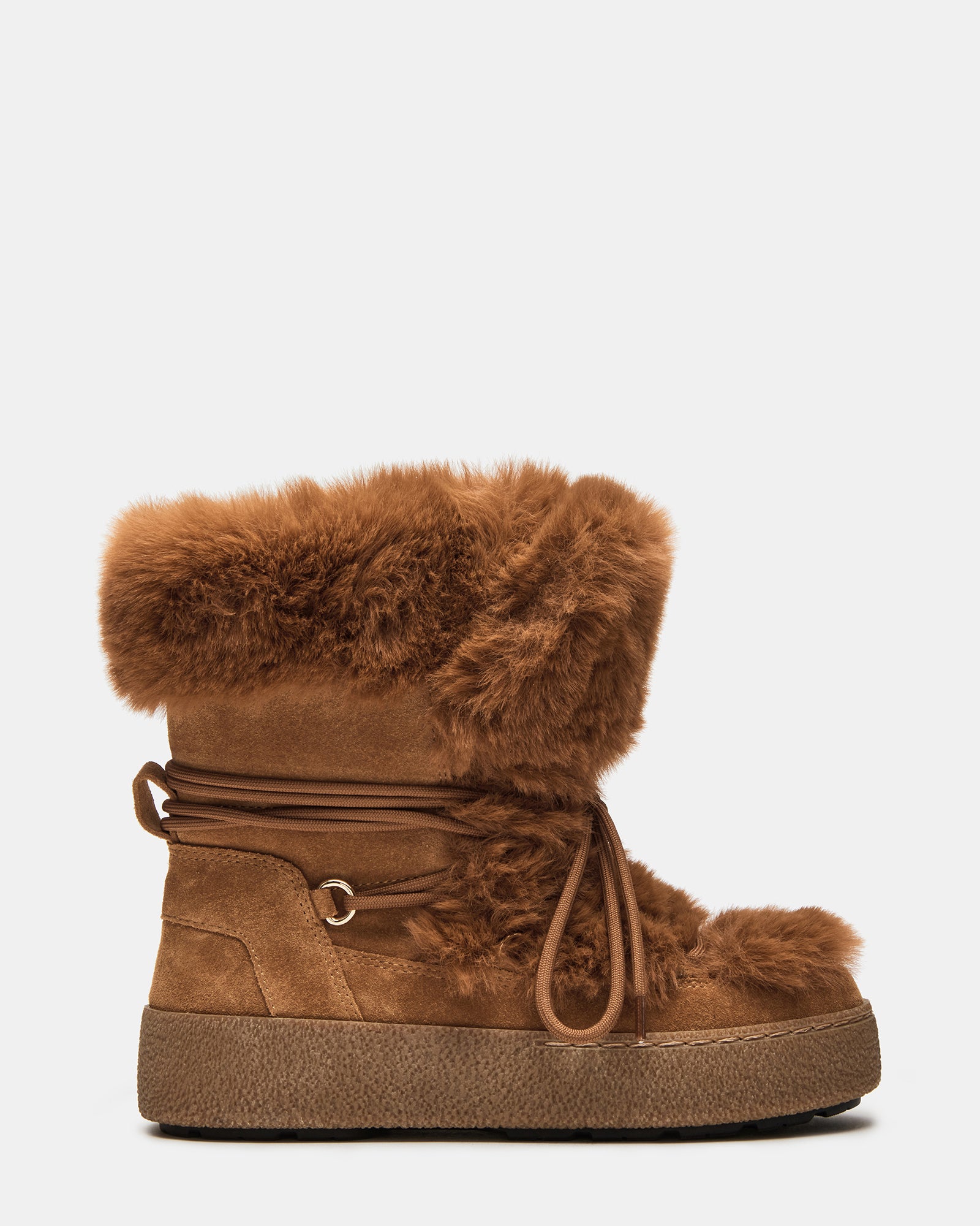 Side view of womens ankle boots in tan with faux fur trim, styled for winter fashion