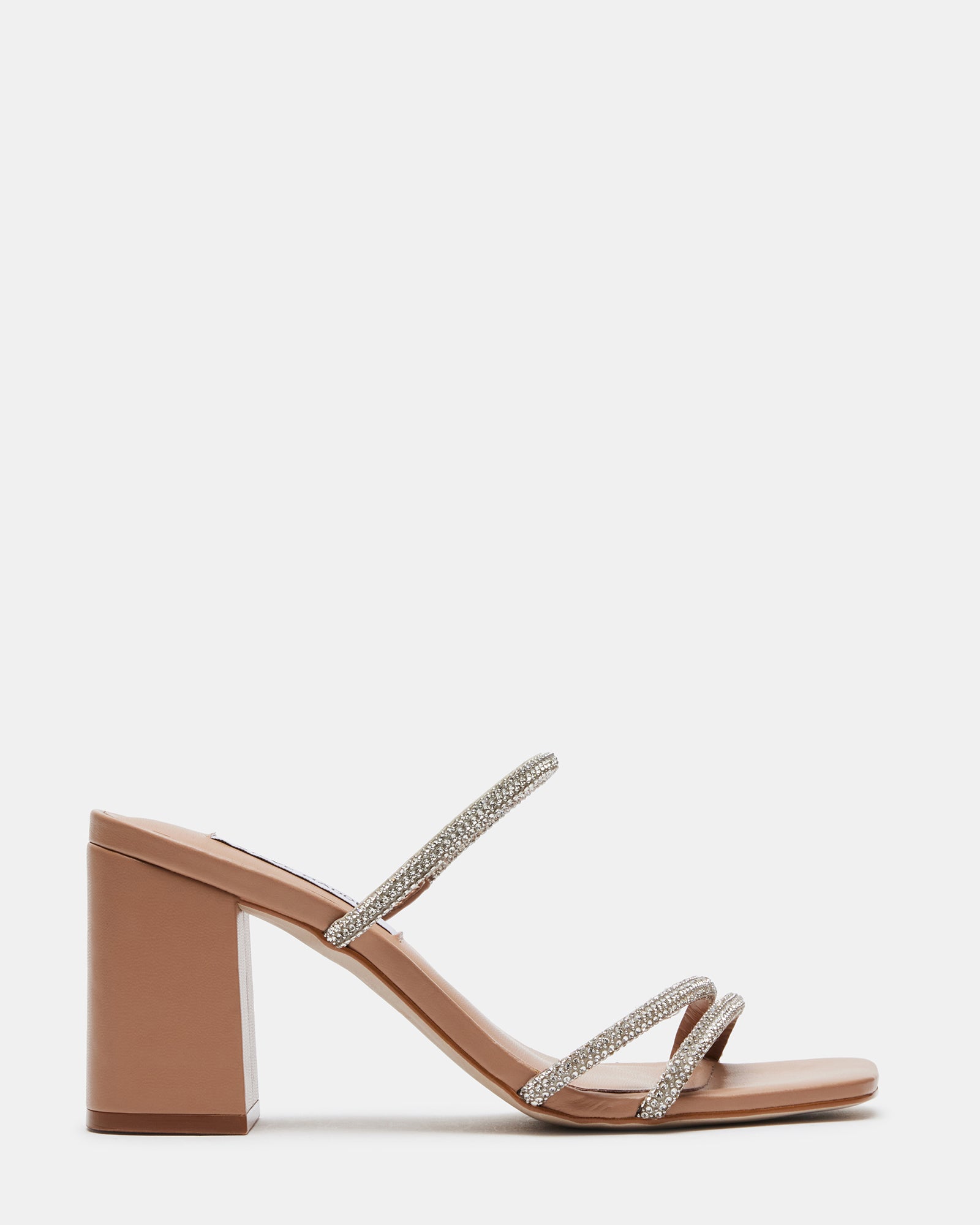 Elegant black block heel sandals with rhinestones, showcasing a square toe design.