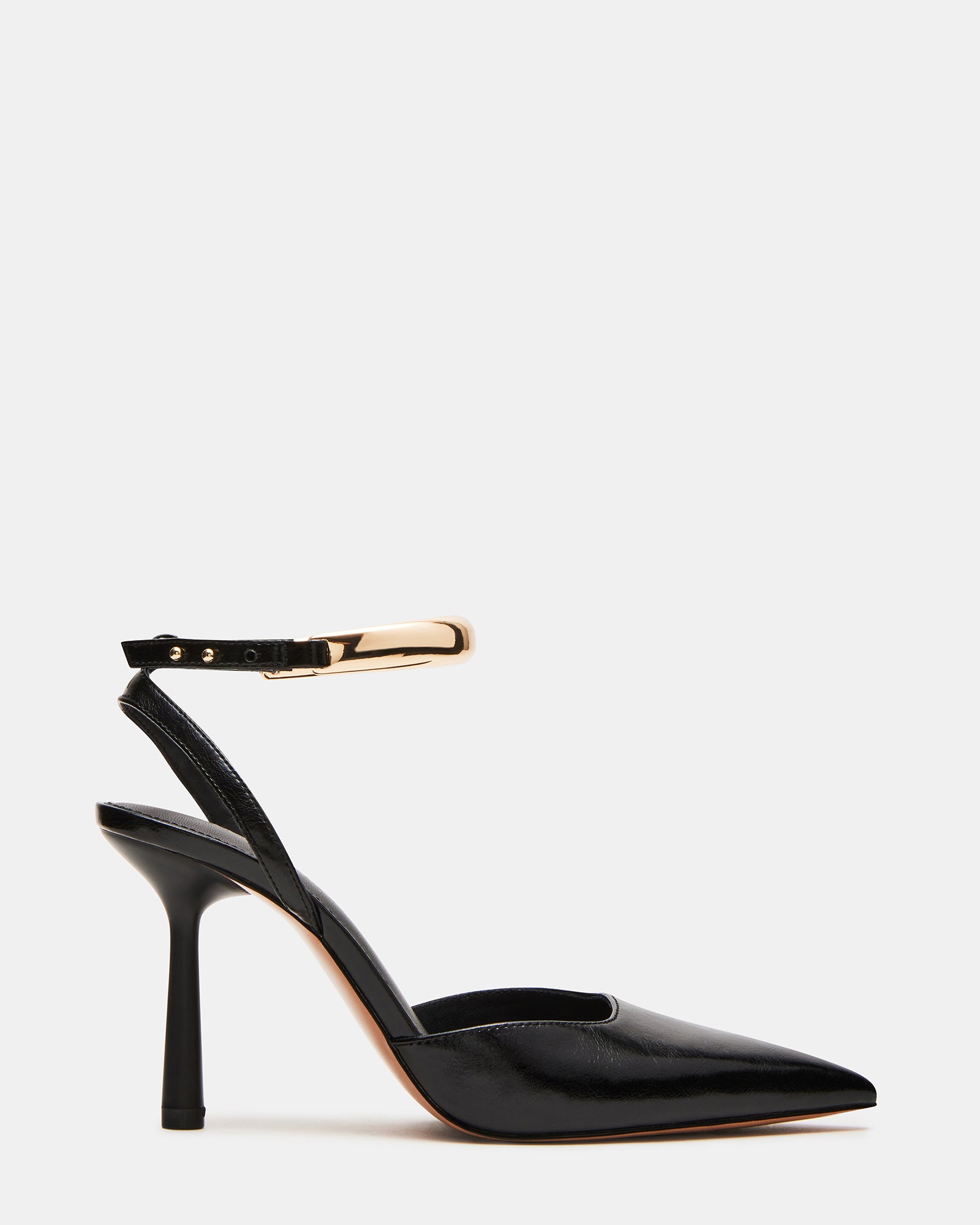 Side view of Avenue Luxe pointed toe pumps with ankle strap.