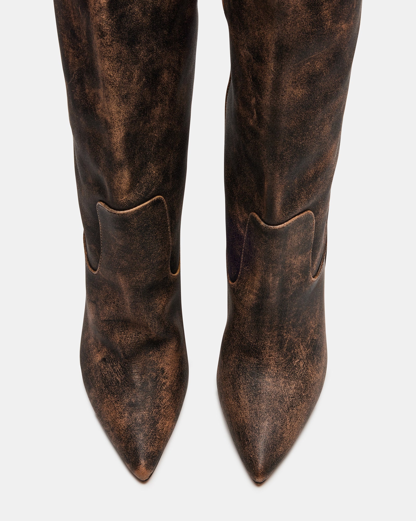 Fashionable boots for women featuring a 3.5-inch heel and rugged distressed finish