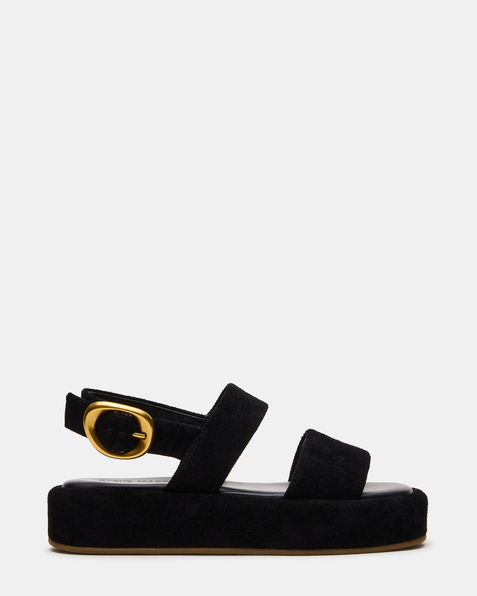 Side view of black platform sandals showcasing square toe design.