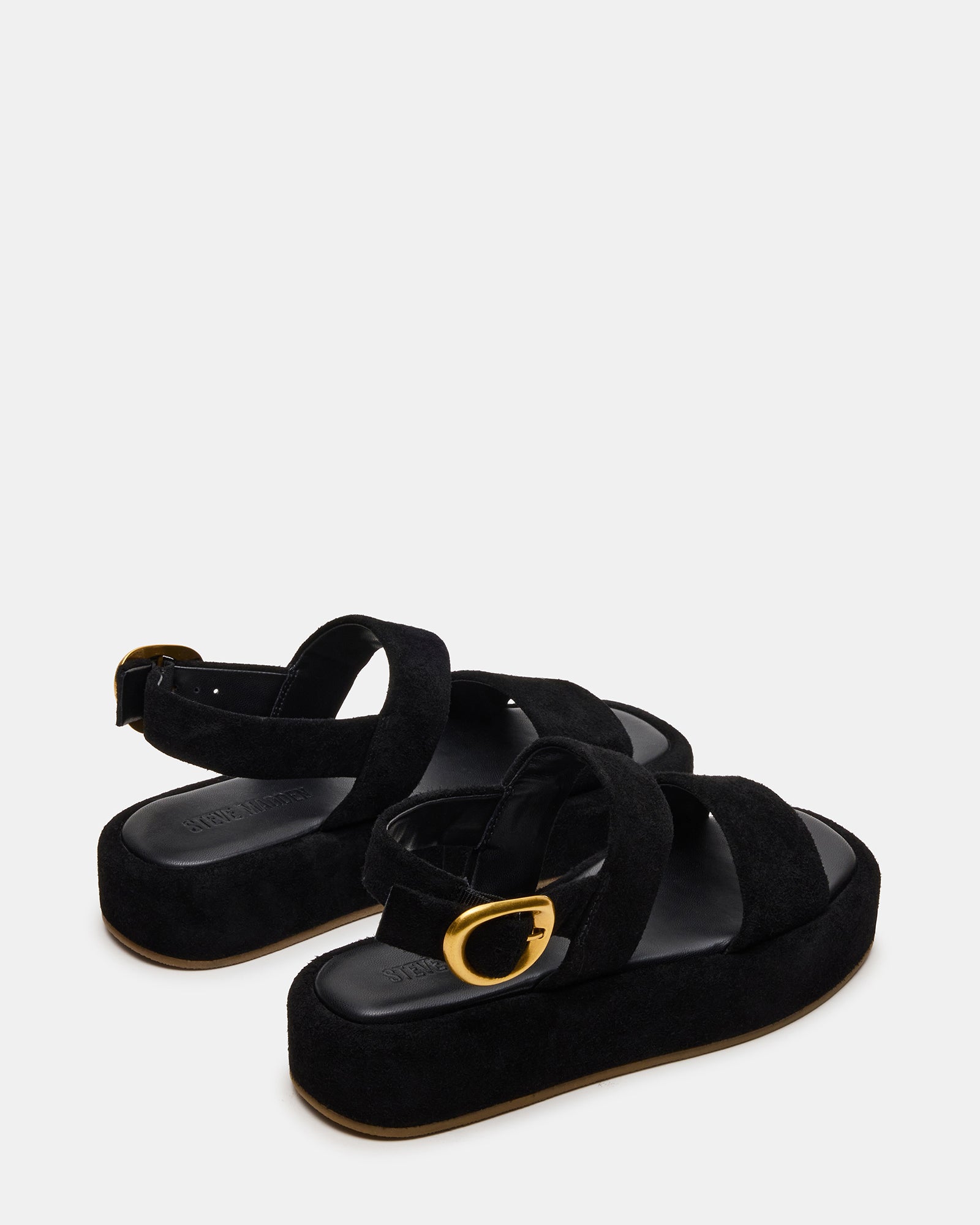 Close-up of the suede texture on black platform sandals.
