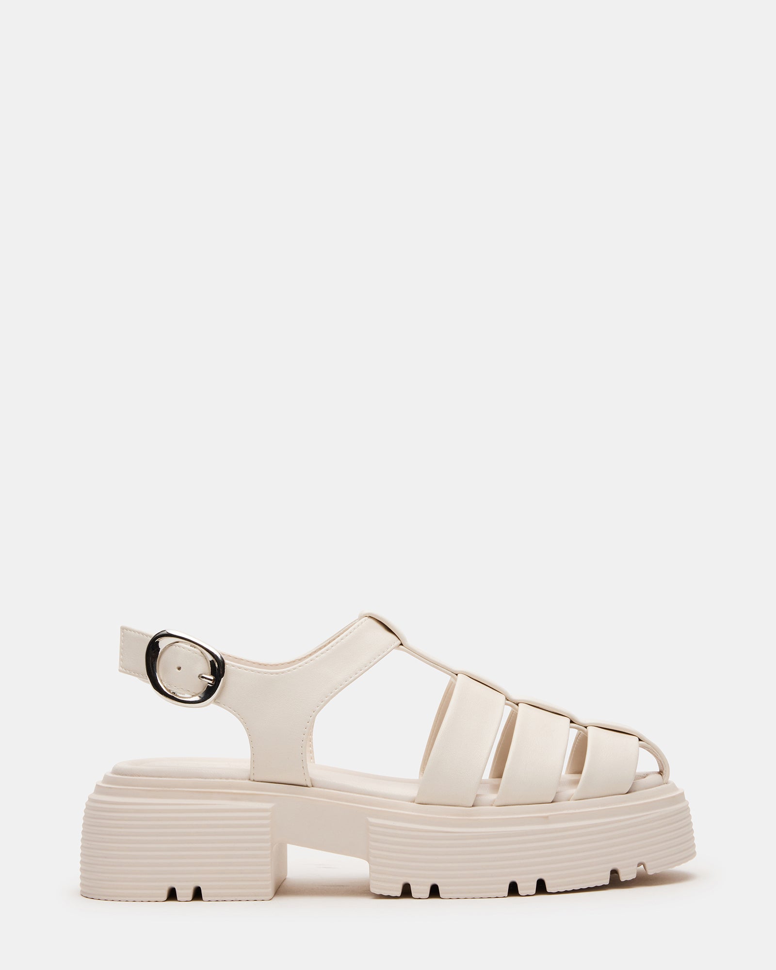 Side view of BASS BONE black platform fisherman sandals with supportive heel and vegan leather finish