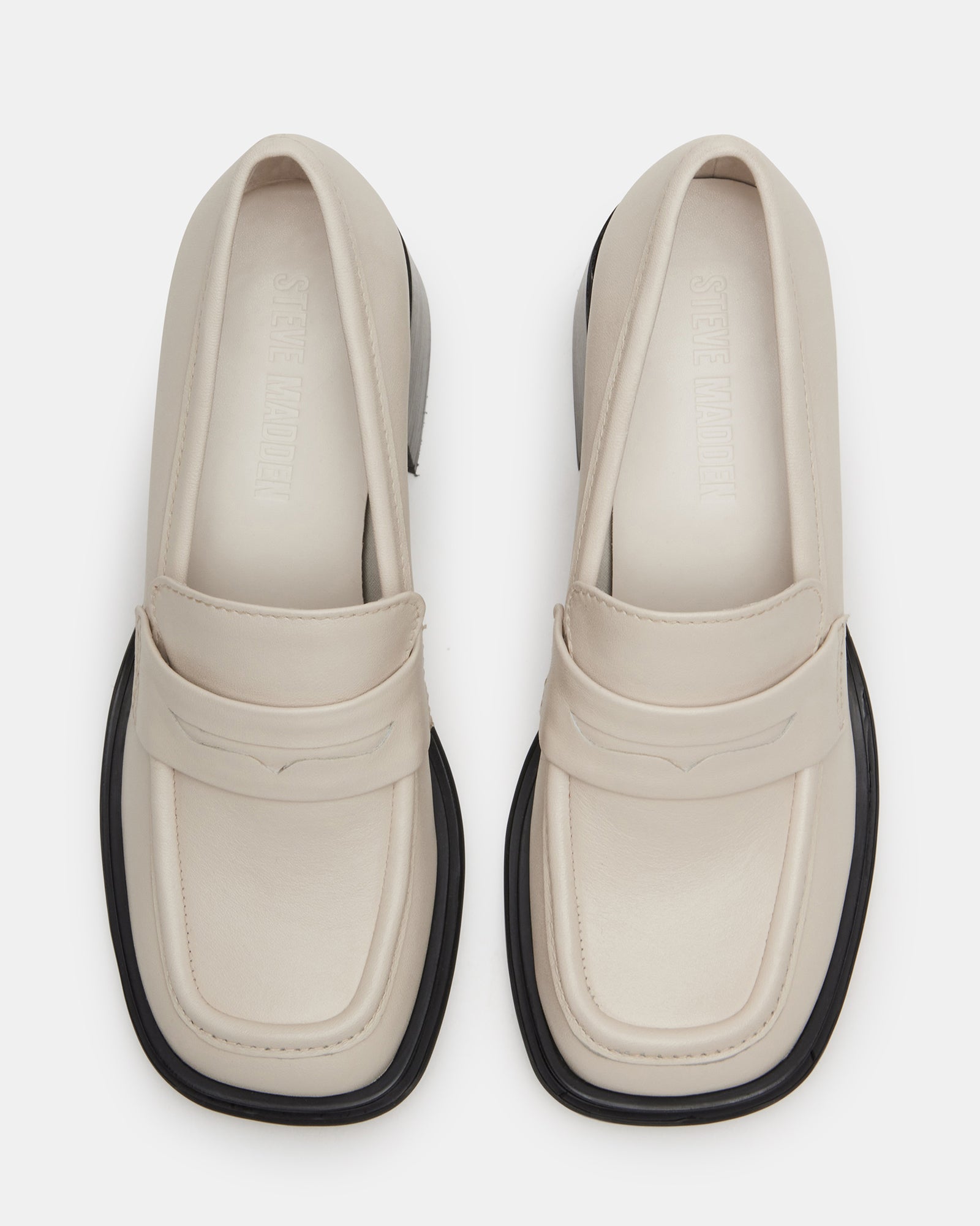 Side view of BAXTER bone leather loafers with block heel, suitable for both formal and casual wear