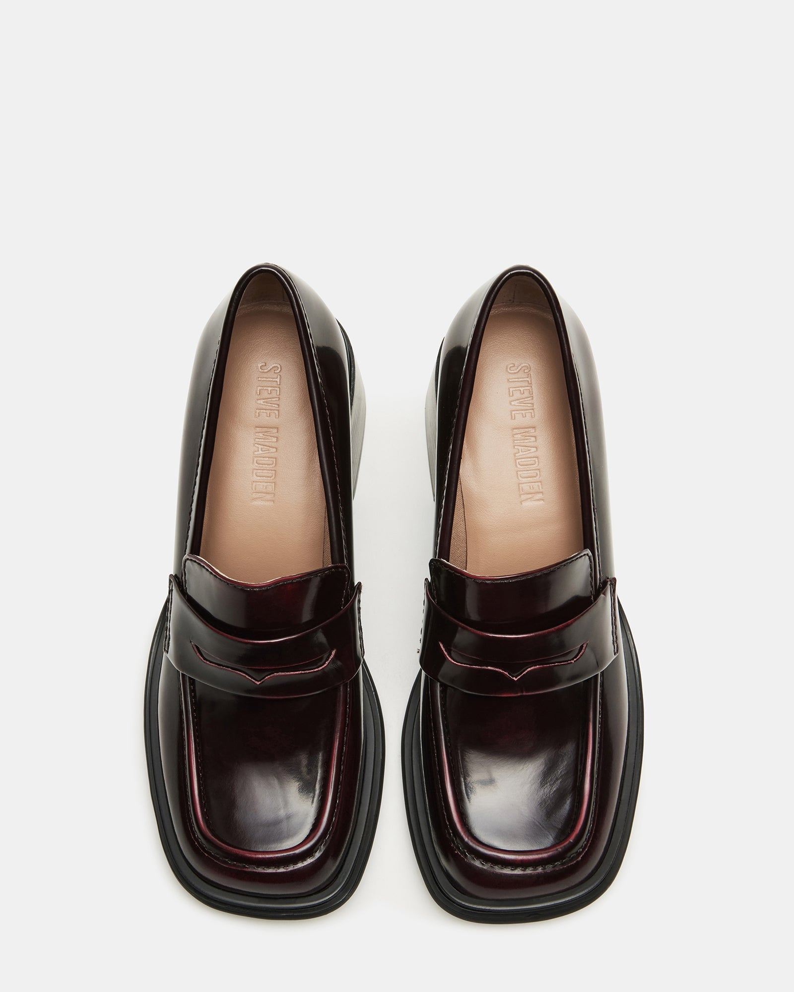 Baxter Burgundy square toe loafers front view on wooden floor