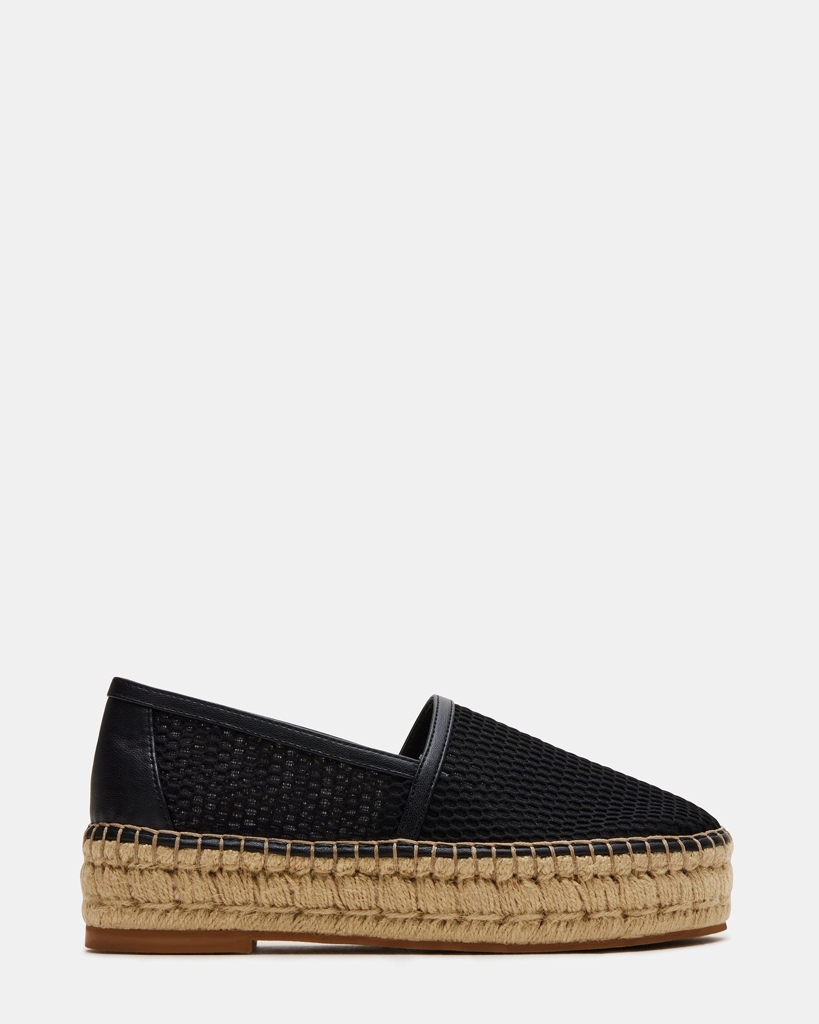Side view of BAYWALK black espadrille platform shoes showcasing the elevated sole and rounded toe