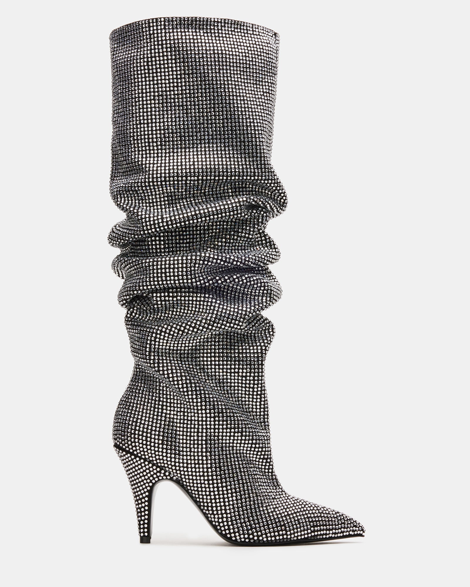 Side view of black rhinestone boots showing pointed toe detail