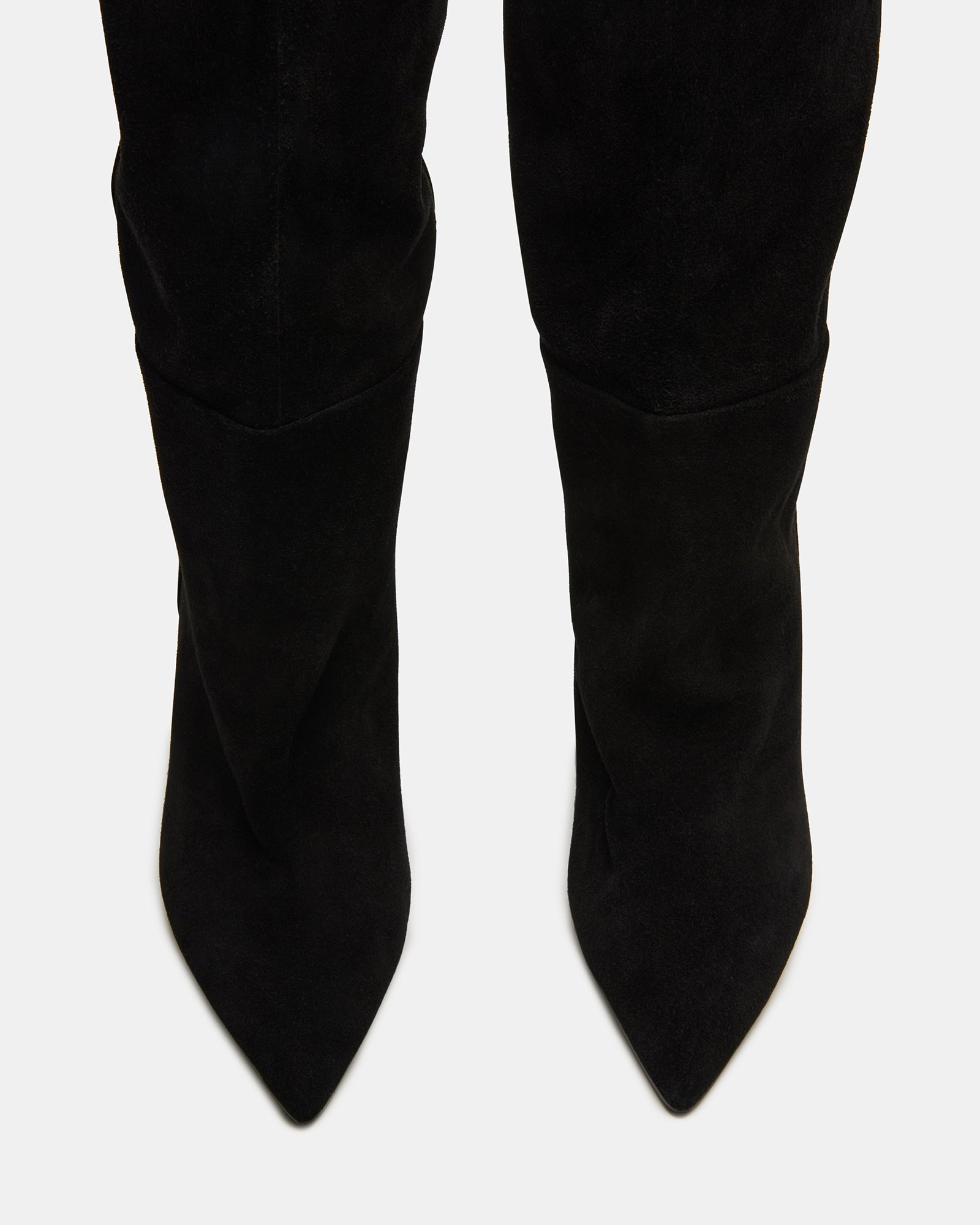 Front angle of knee high cowboy boots with scrunched texture and pointed toe
