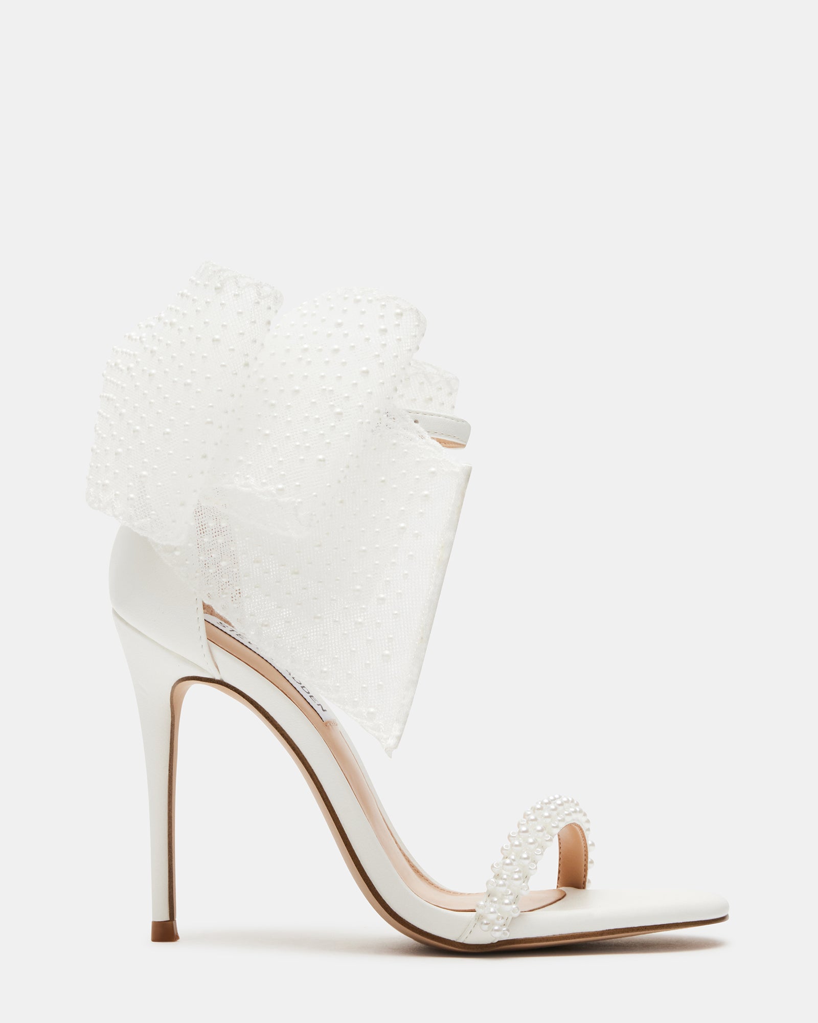 Close-up of BENNI stiletto heels showcasing pearl and bow detailing