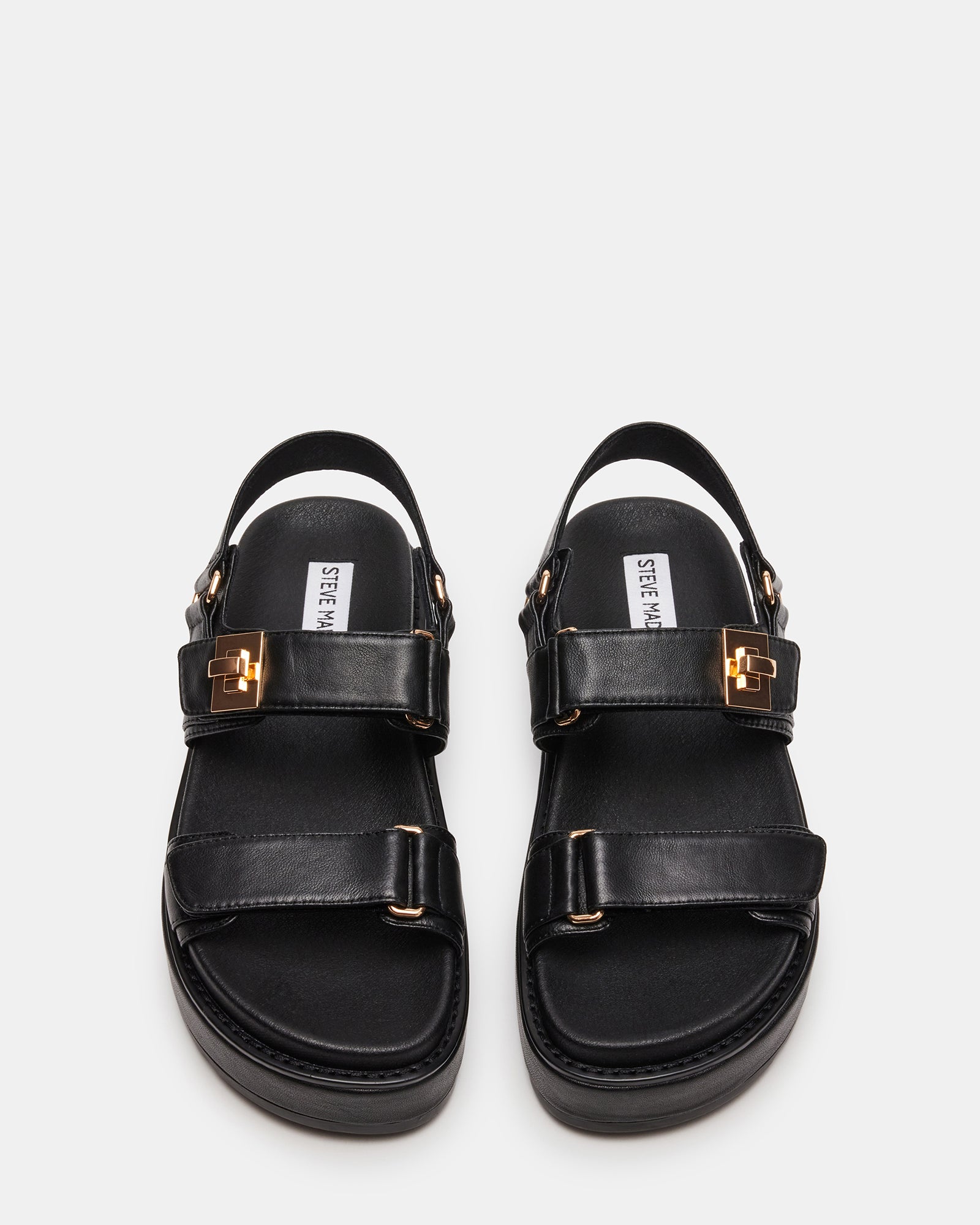 Close-up of turnlock closure and textured leather on flatform sandals