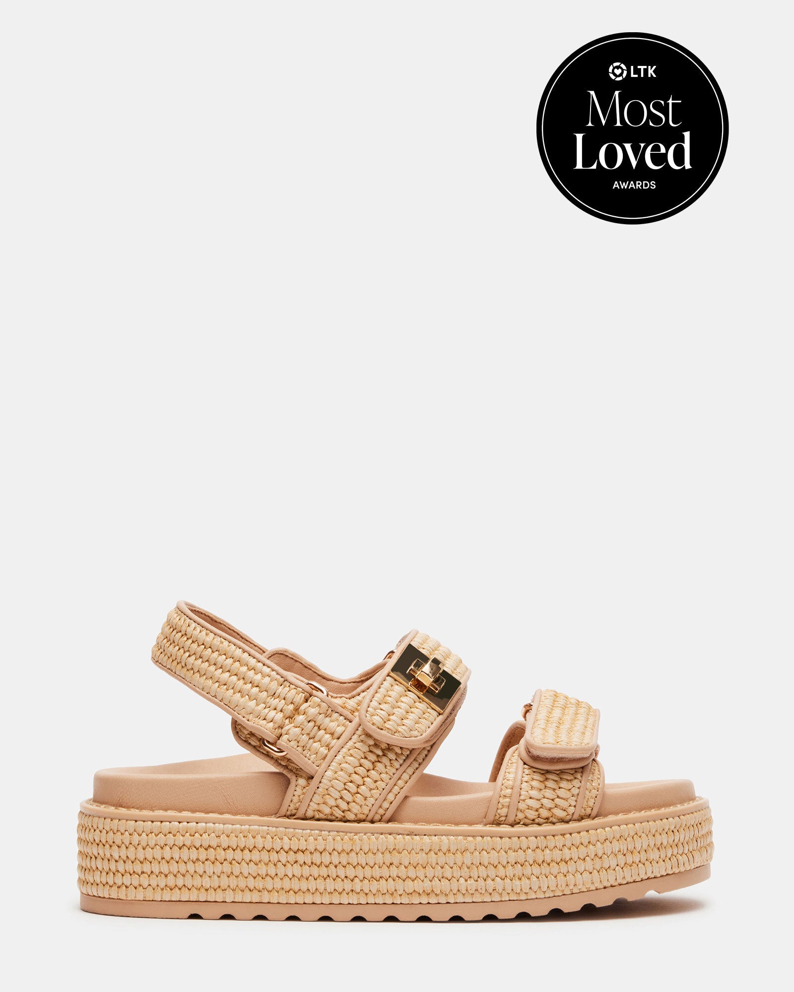 Front view of chic raffia flatform sandals with ankle strap