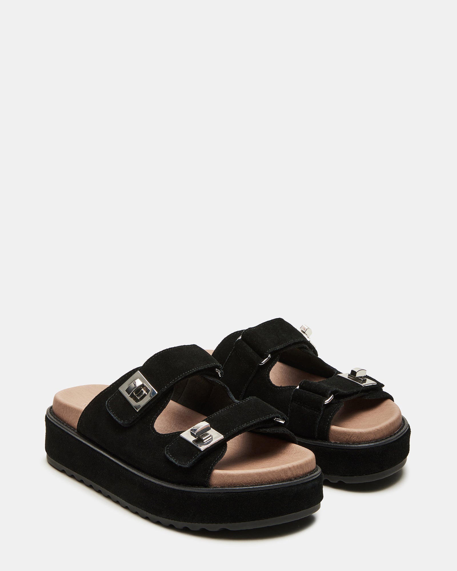Top-down shot of womens flatform sandals showcasing the 2-inch height and sleek design