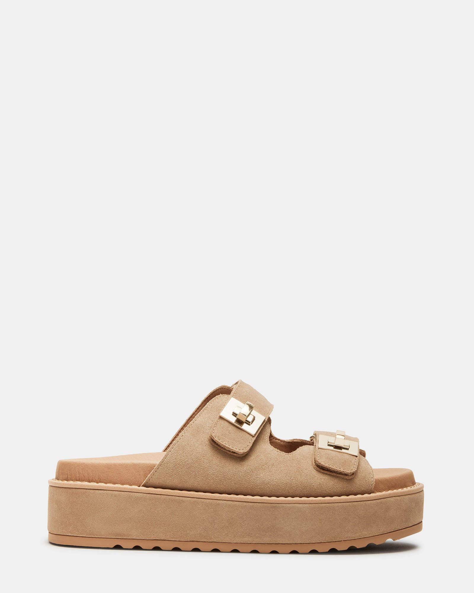 BIGSCHMONA taupe suede platform sandals on a wooden deck