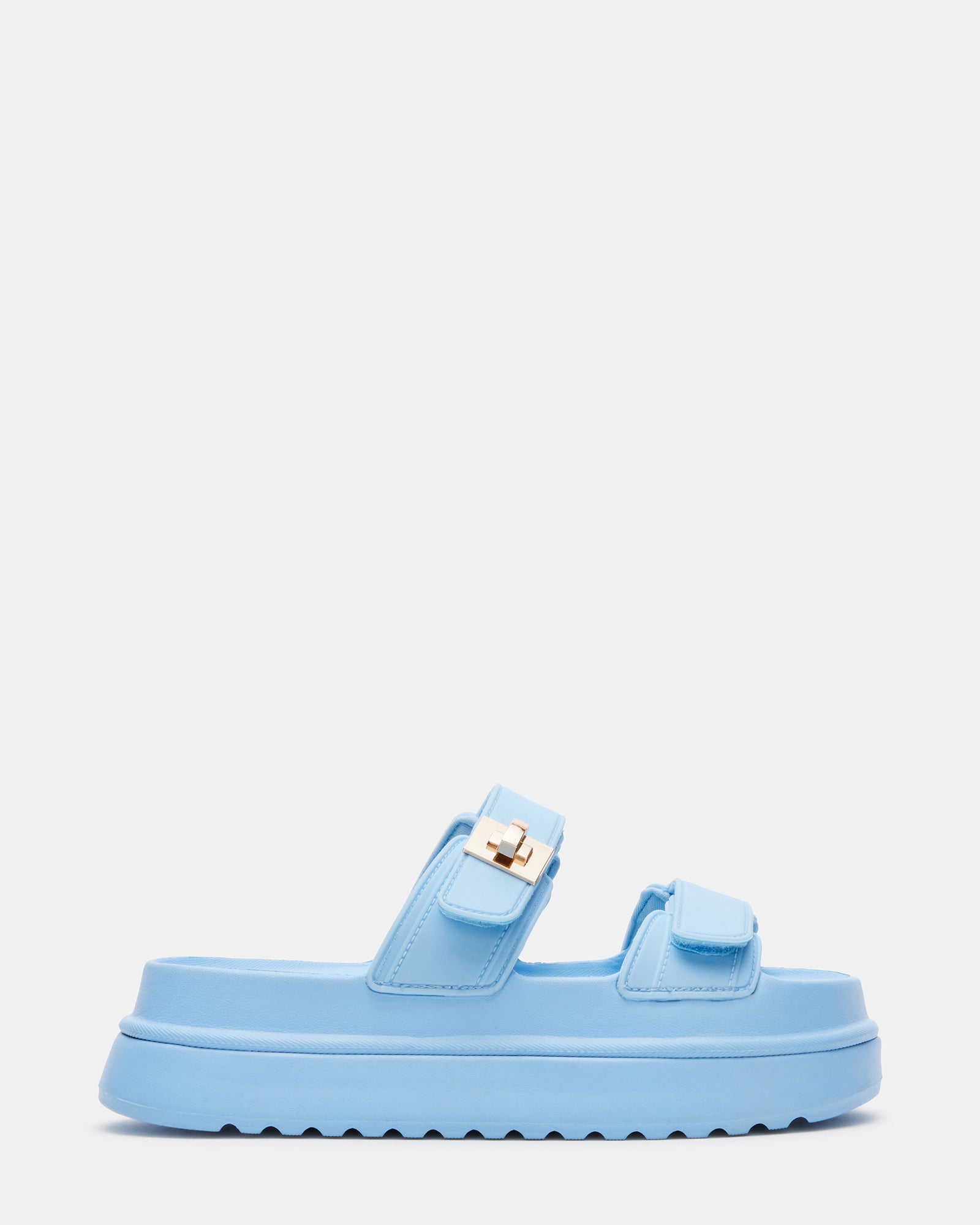 Side view of chic light blue jelly platform slide sandals.