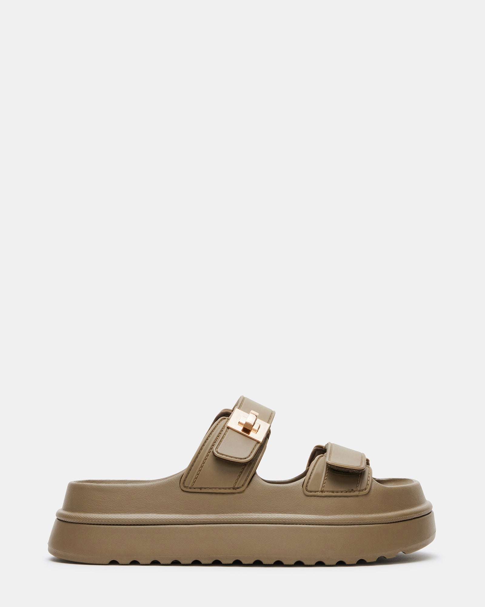 Close-up of olive jelly sandals showing platform heel and glossy finish