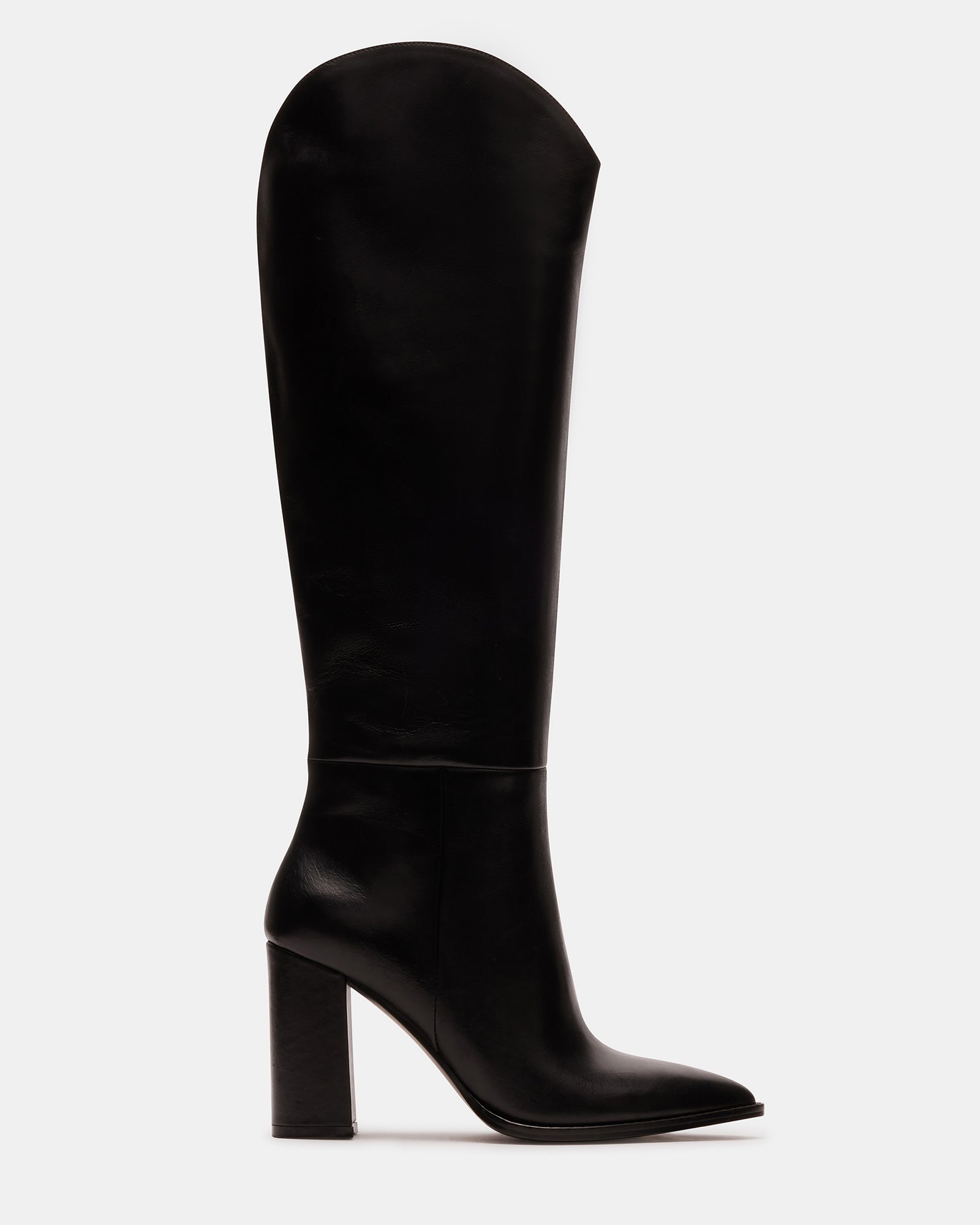 Black leather knee-high boots with pointed toe and block heel, side view
