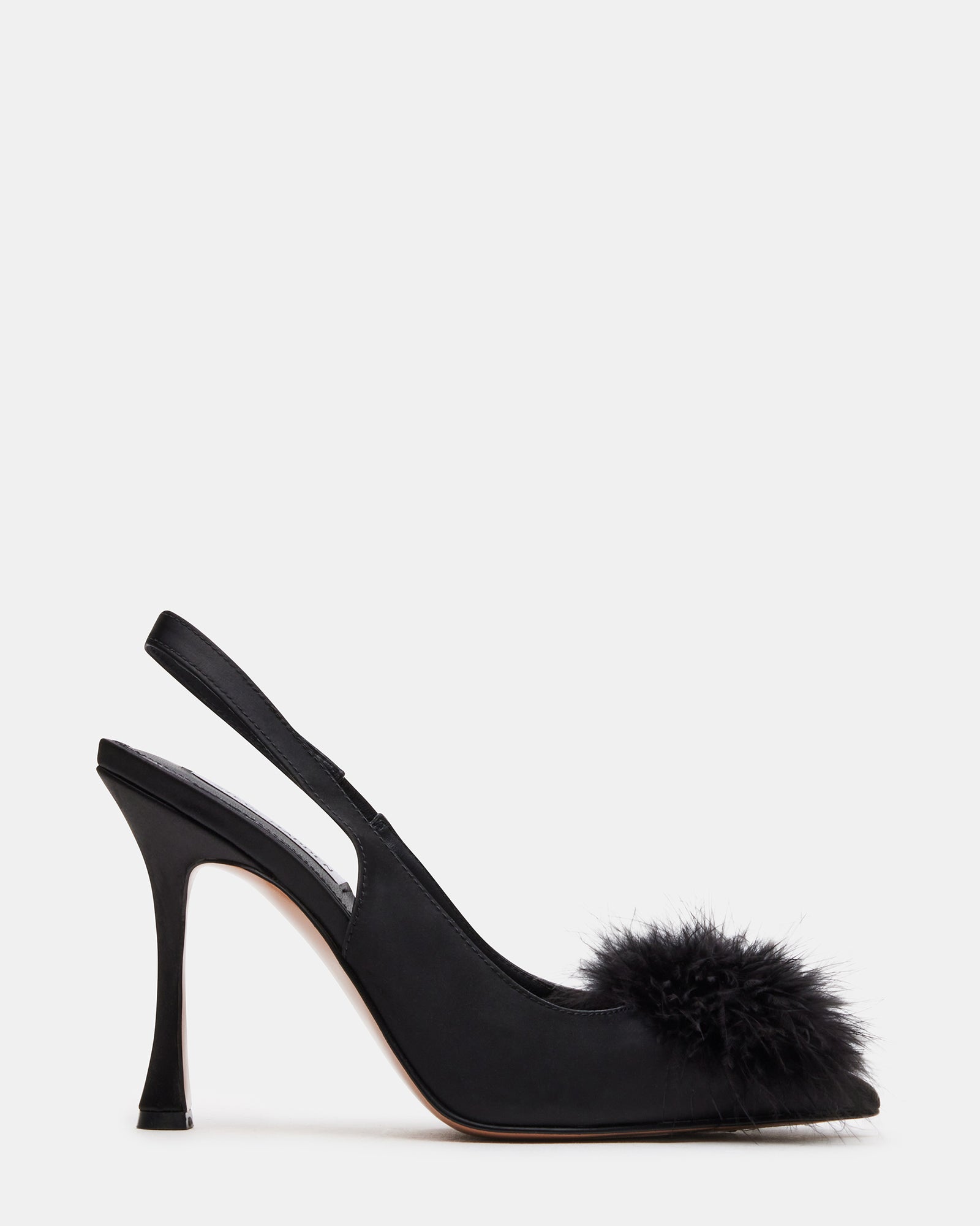 Side view of BLYTHE black slingback pumps with faux fur detail