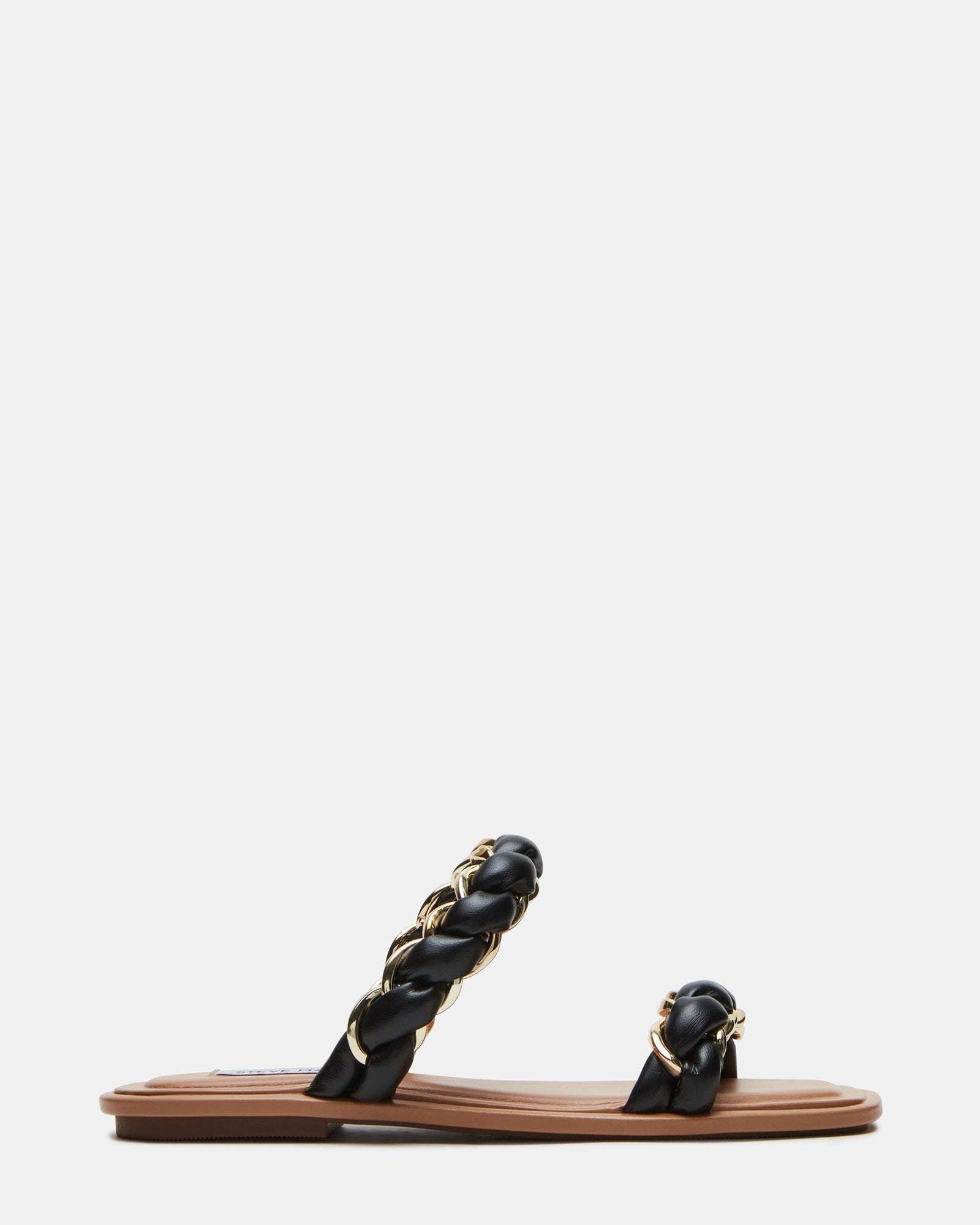 Side view of vegan leather sandals featuring braided chain and square toe