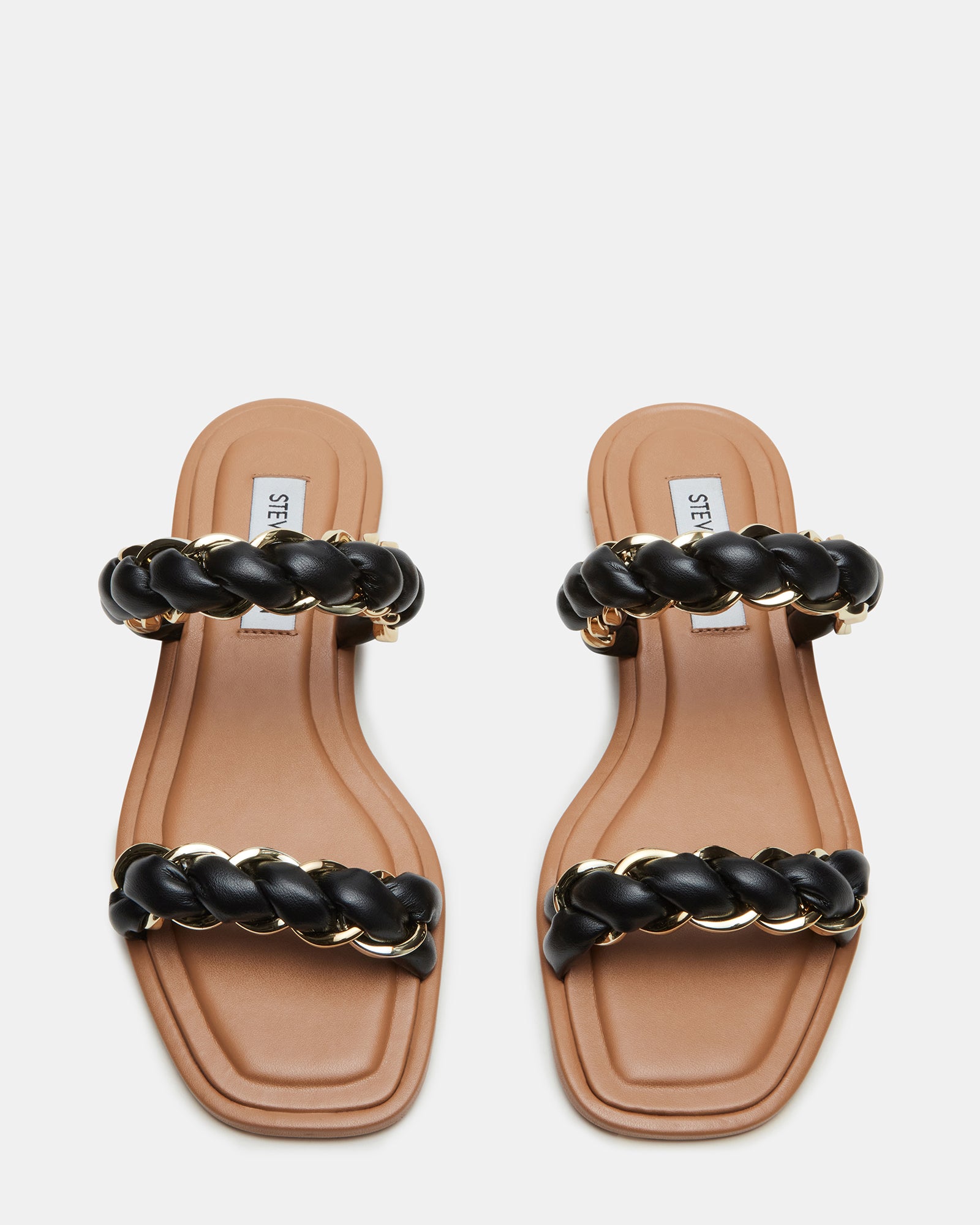 Side view of vegan leather sandals featuring braided chain and square toe