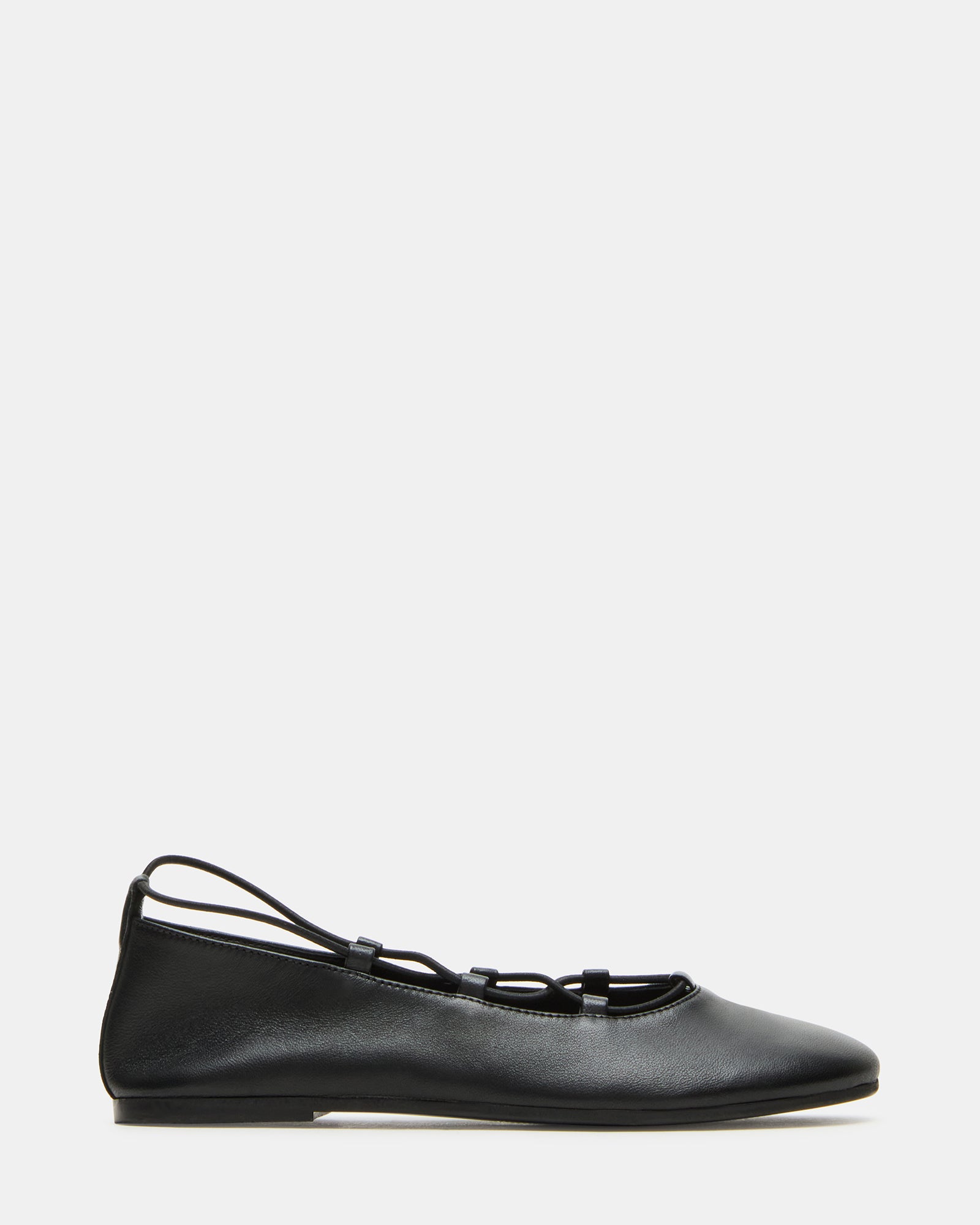 Black leather ballet flats shown from a side angle, highlighting the sleek design.