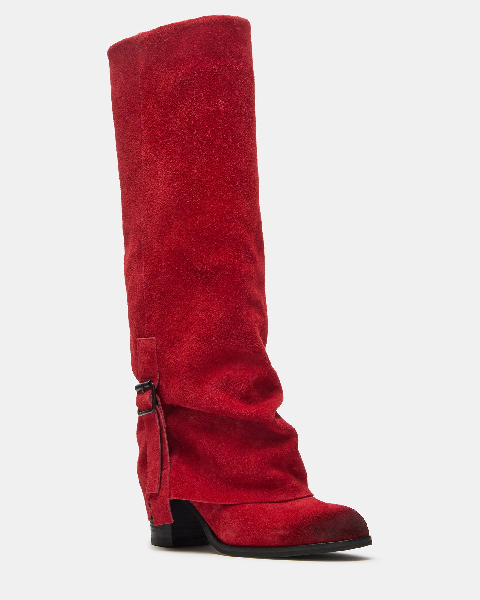 Front angle of womens red knee-high boots with adjustable buckle fastened.