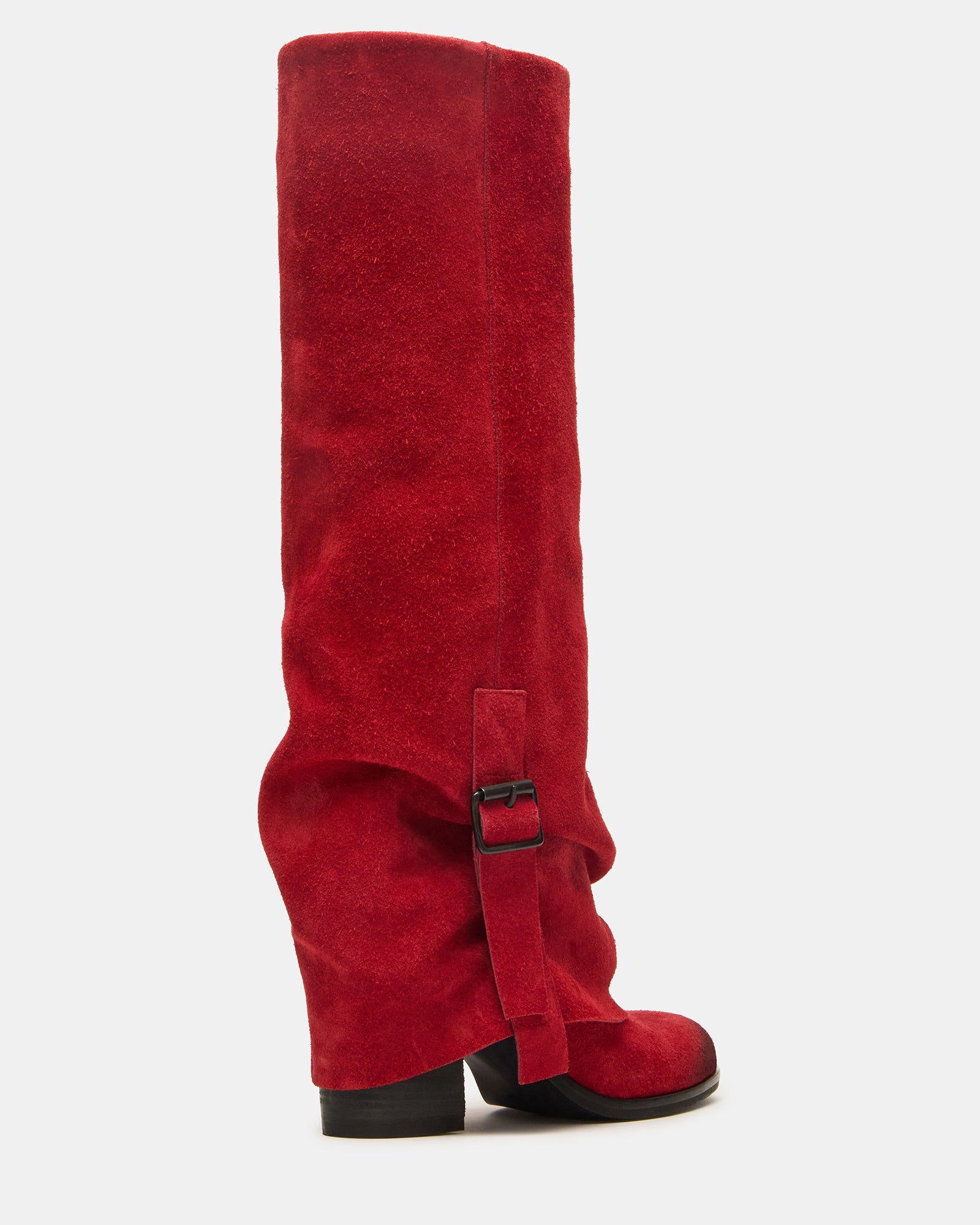 Front angle of womens red knee-high boots with adjustable buckle fastened.