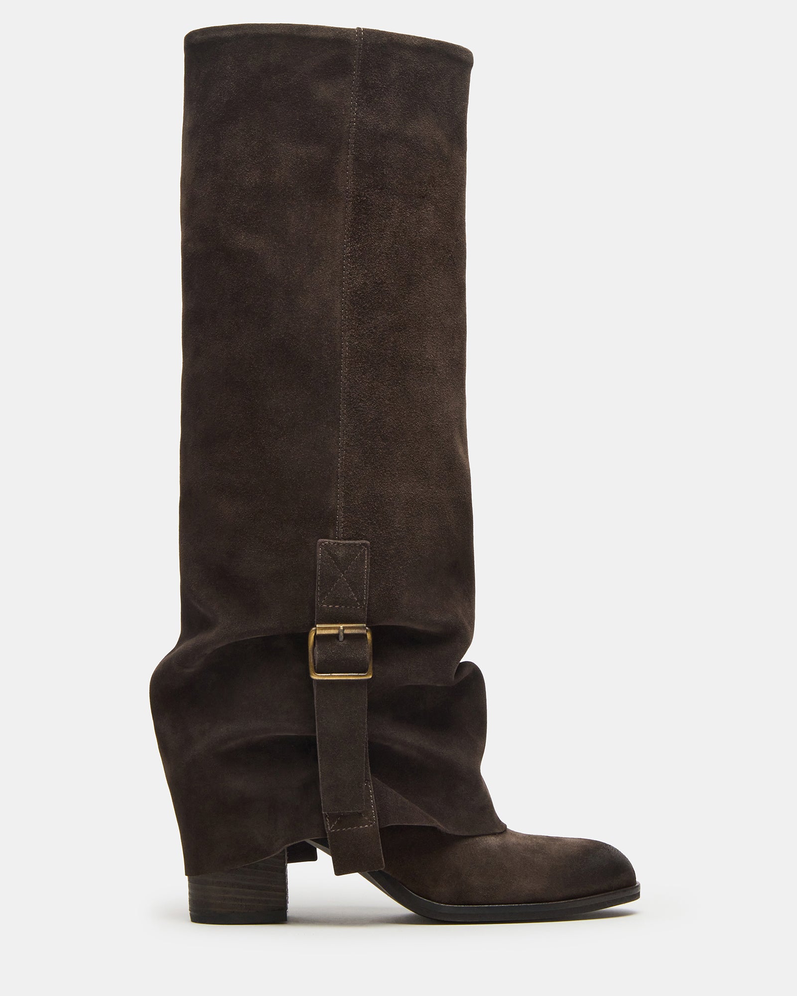 Close-up of the buckle detail on brown suede cowboy boots, ideal for fall styling.