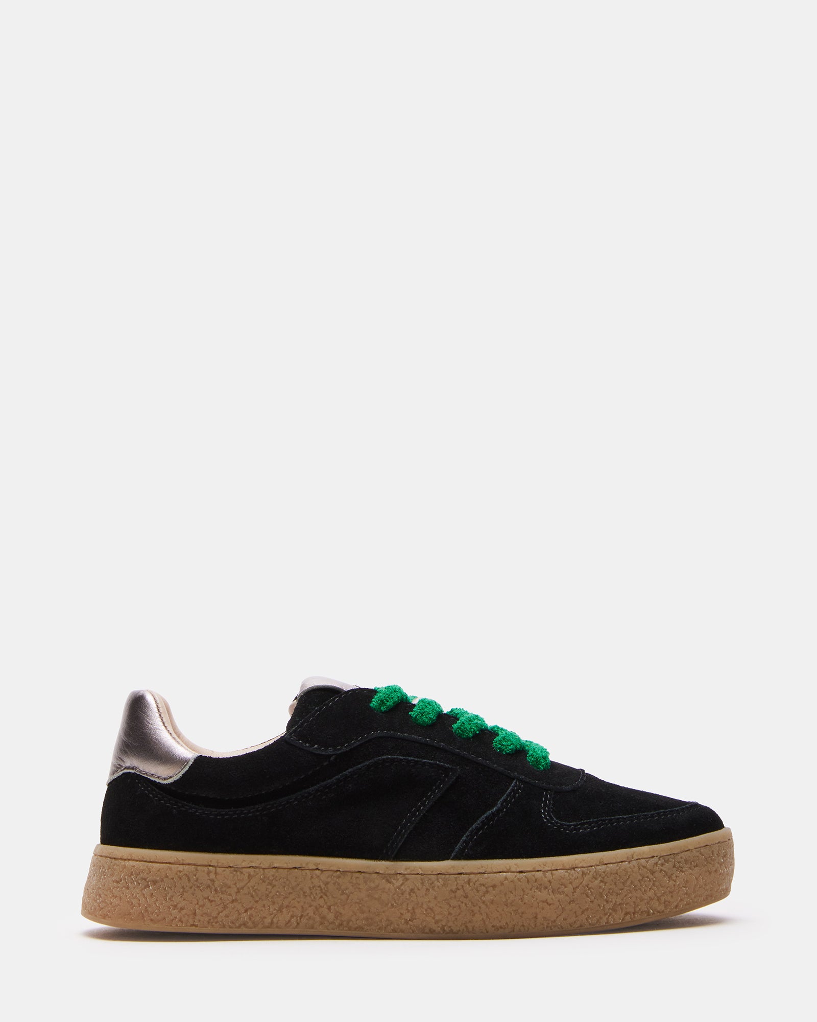 Close-up of black suede sneakers showing textured crepe sole and metallic accents