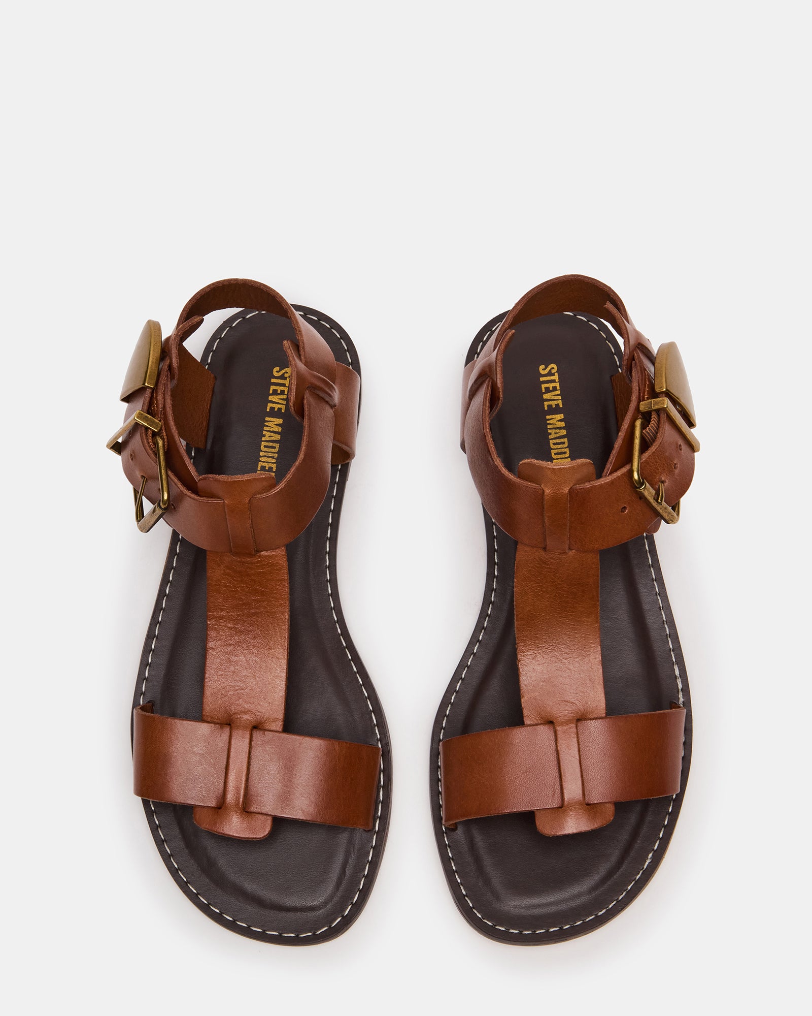 Top-down shot of BRAZINN leather sandals highlighting the elegant straps and heel