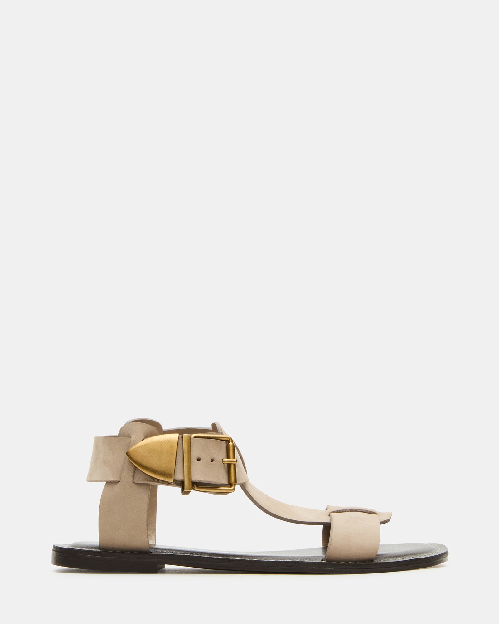 Taupe nubuck leather flat sandals with ankle strap on a neutral background